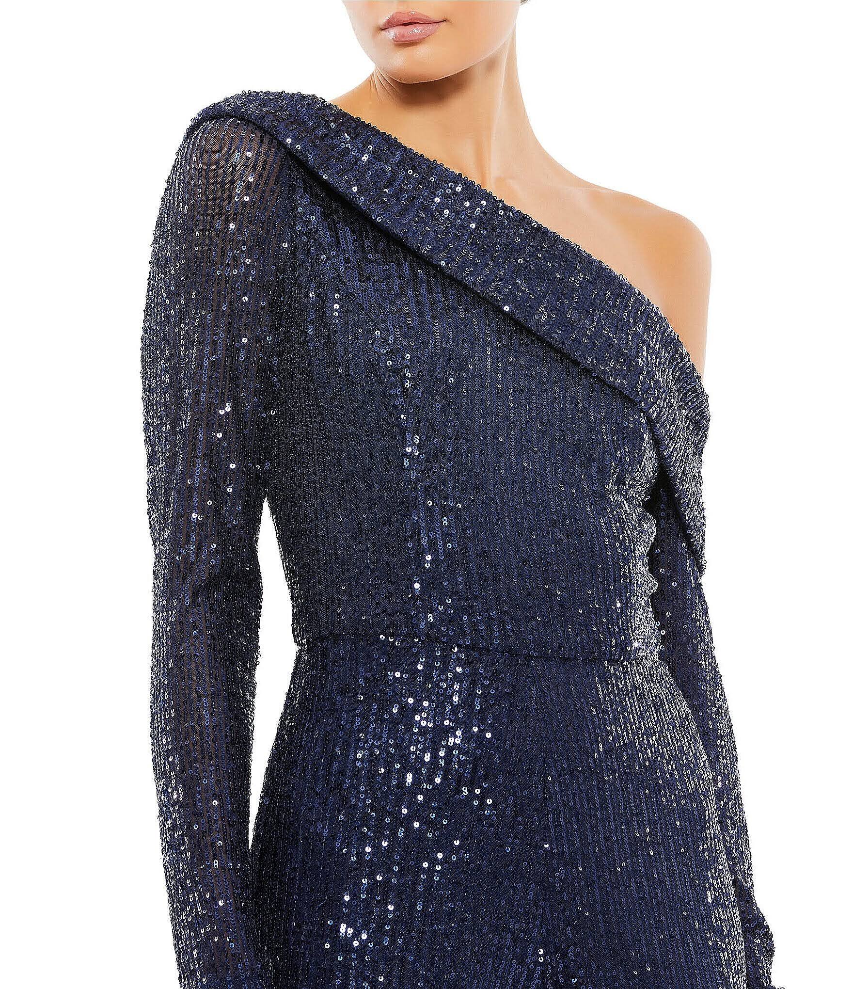 Mac Duggal Asymmetric Off-The-Shoulder Long Sleeve Flare Leg Sequin Jumpsuit, Womens, 8, OZPAFPSW_AJCBW
