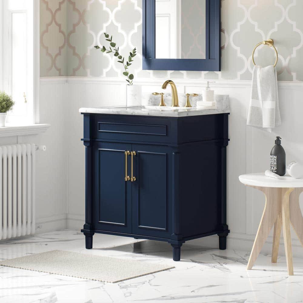 Home Decorators Collection Aberdeen 30 In. X 22 In. D X 34.5 In. H Bath Vanity In Midnight Blue With White Carrara Marble 7T7UEGD2_9ONI3