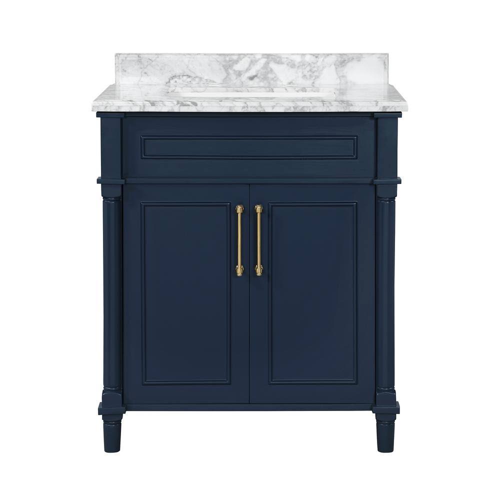 Home Decorators Collection Aberdeen 30 In. X 22 In. D X 34.5 In. H Bath Vanity In Midnight Blue With White Carrara Marble 7T7UEGD2_9ONI3