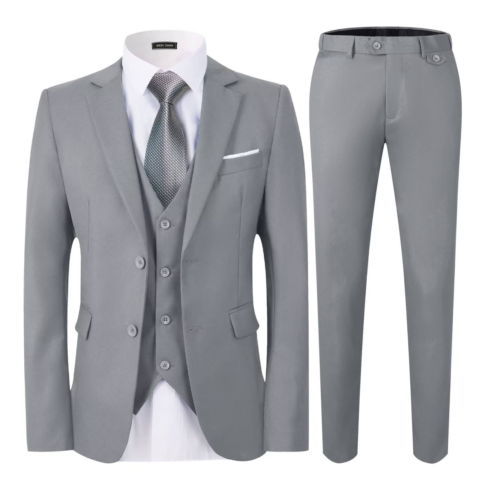 Ween Charm Mens Suits Slim Fit3 Piece Suit For Men2 Button Blazer Jacket Vest Pants With Tiemen Tuxedo Suit Set Light Grey, XU50C2EI_2MVY8