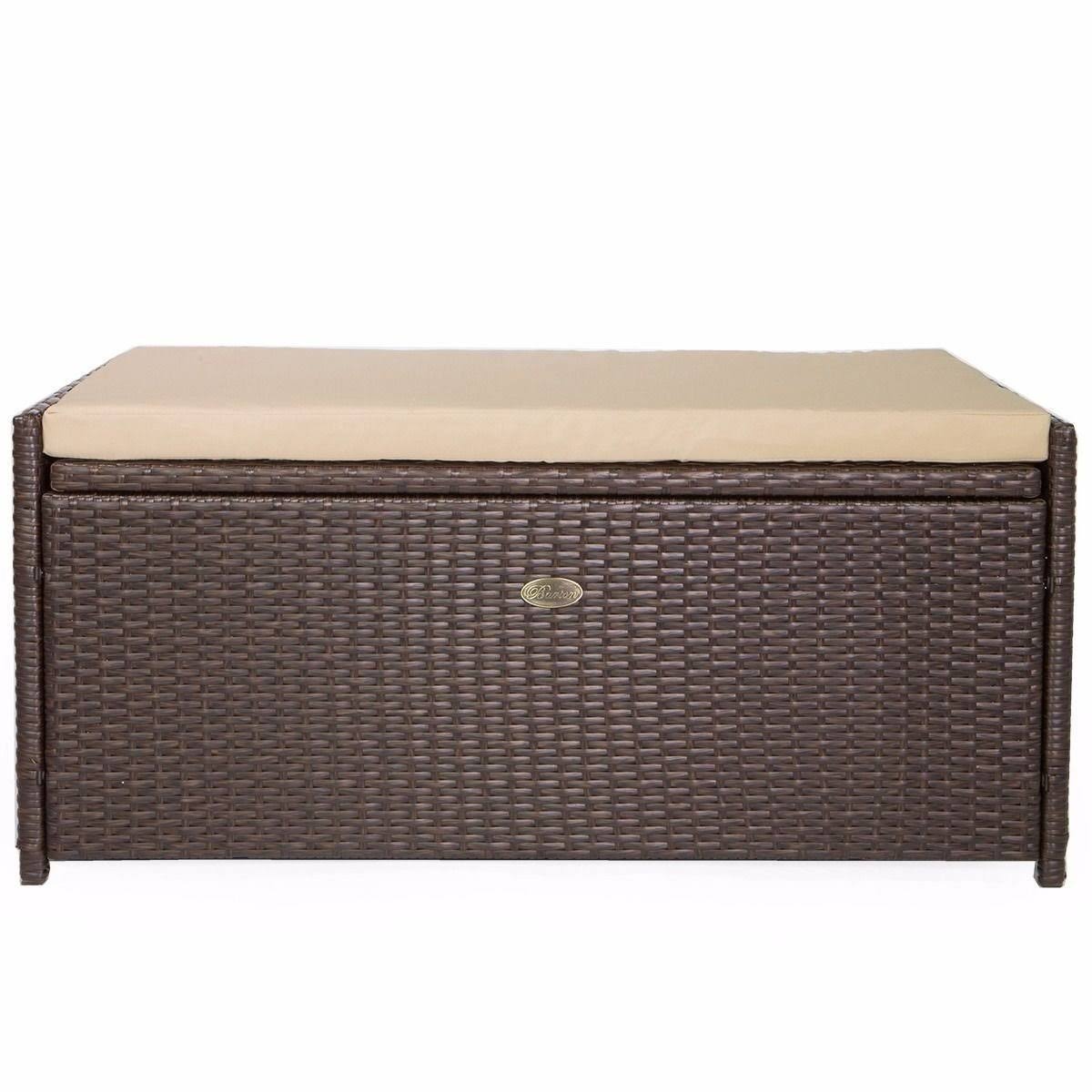 Barton 57 Gal. Capacity Brown Outdoor Patio Wicker All Weather Rattan Deck Box Storage Bench Seat With Beige 8VCOMDLD_D9SPL