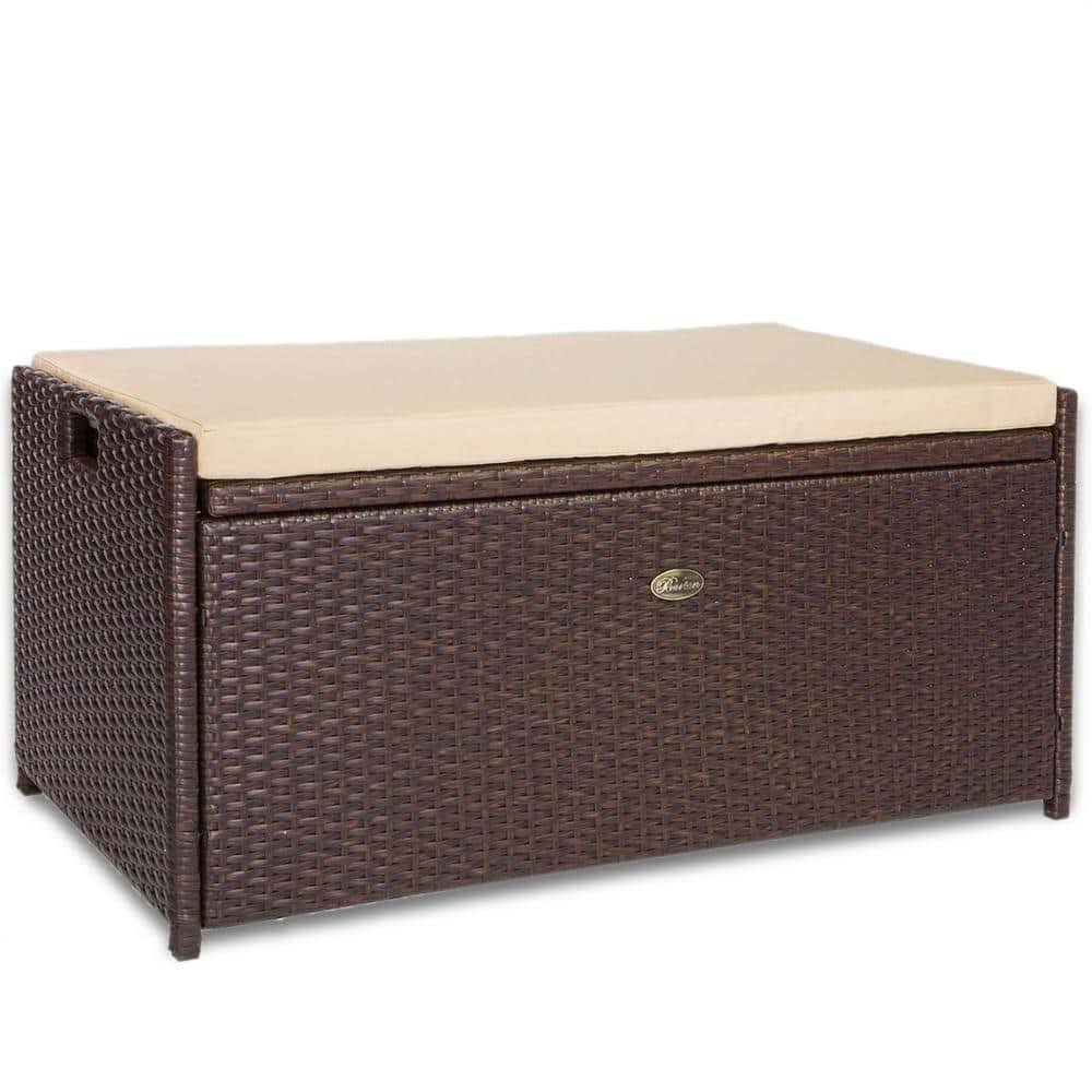 Barton 57 Gal. Capacity Brown Outdoor Patio Wicker All Weather Rattan Deck Box Storage Bench Seat With Beige 8VCOMDLD_D9SPL