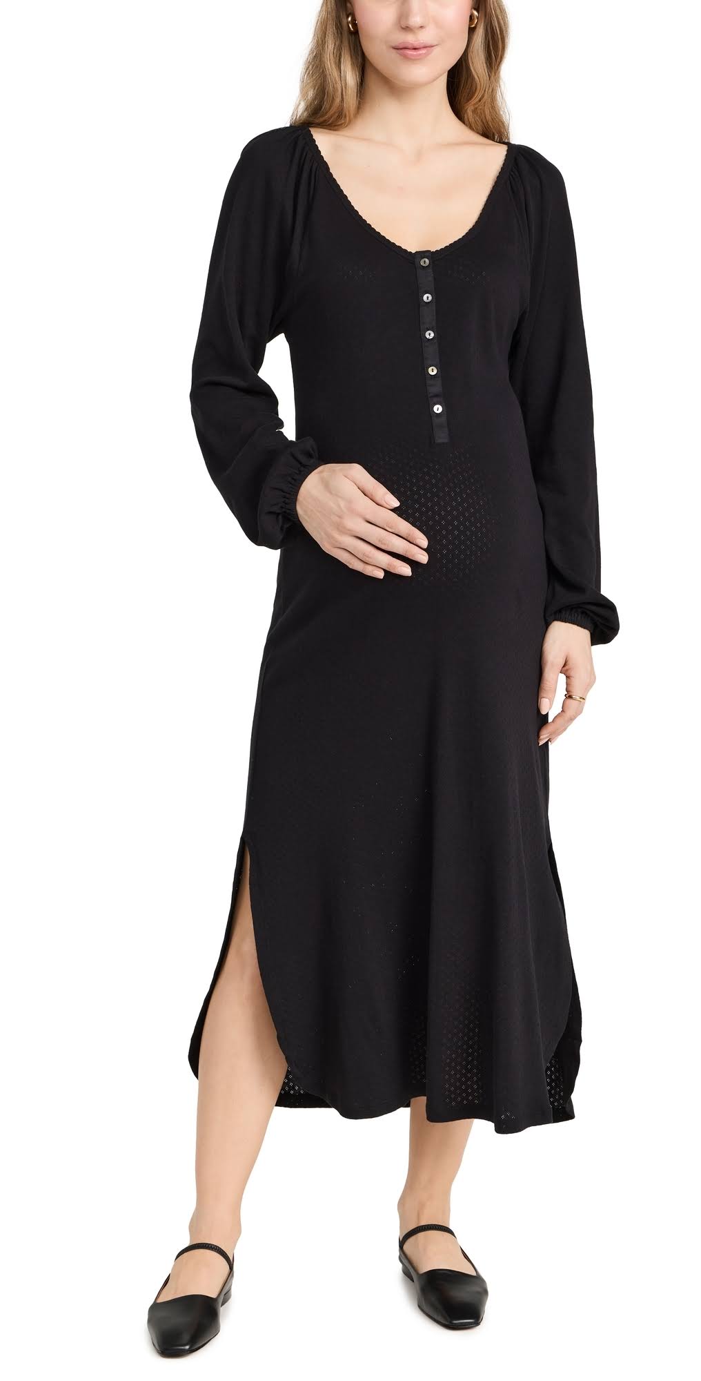 Hatch The Longsleeve Pointelle Nightgown | Black | Size 0 | S6UEEINF_XC8H4