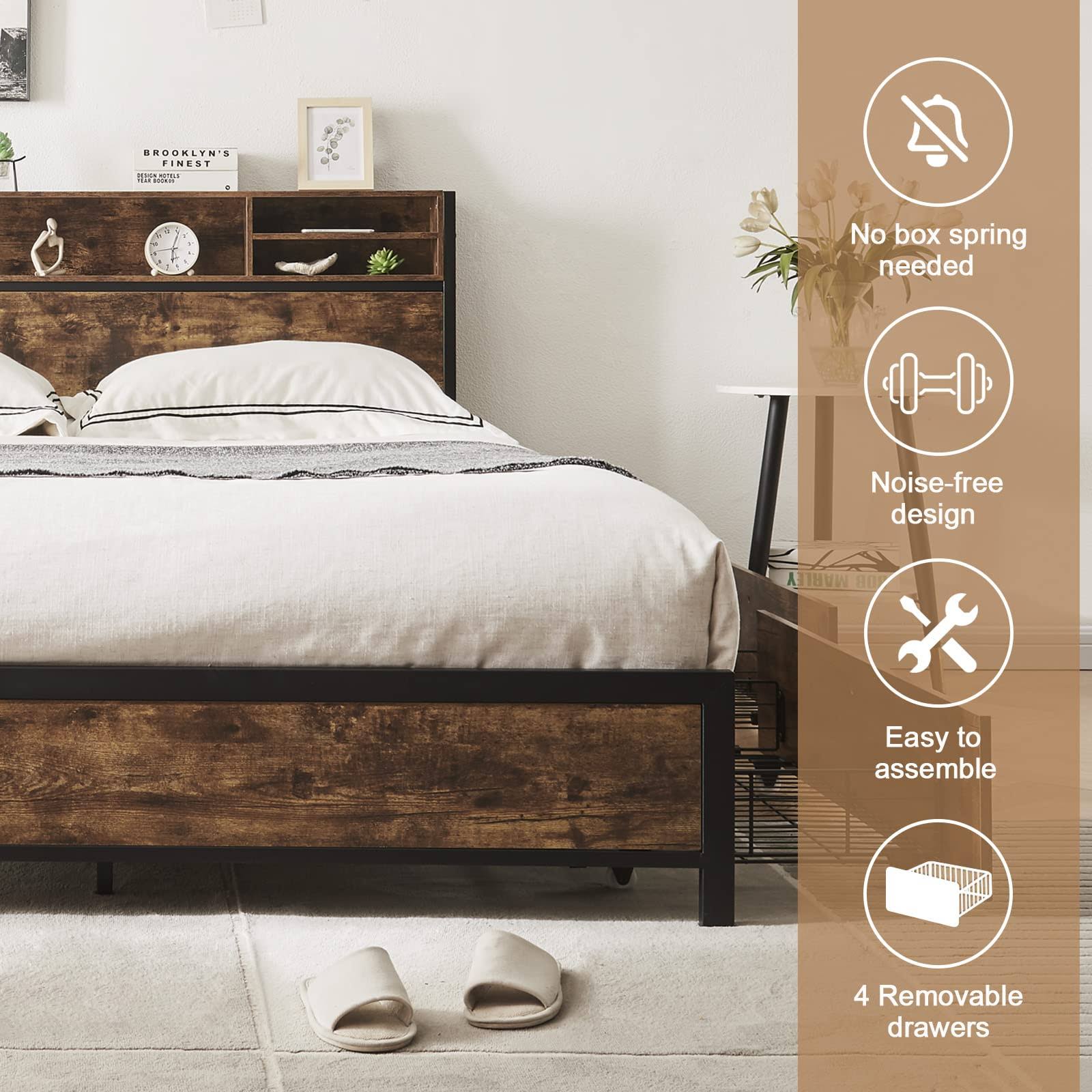 Queen Bed Frame With Bookcase Headboard And 4 Storage Drawers,Metal Platform ZOEUC5R2_MD08L
