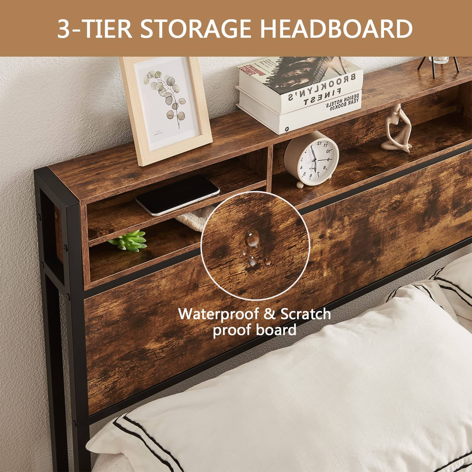 Queen Bed Frame With Bookcase Headboard And 4 Storage Drawers,Metal Platform ZOEUC5R2_MD08L