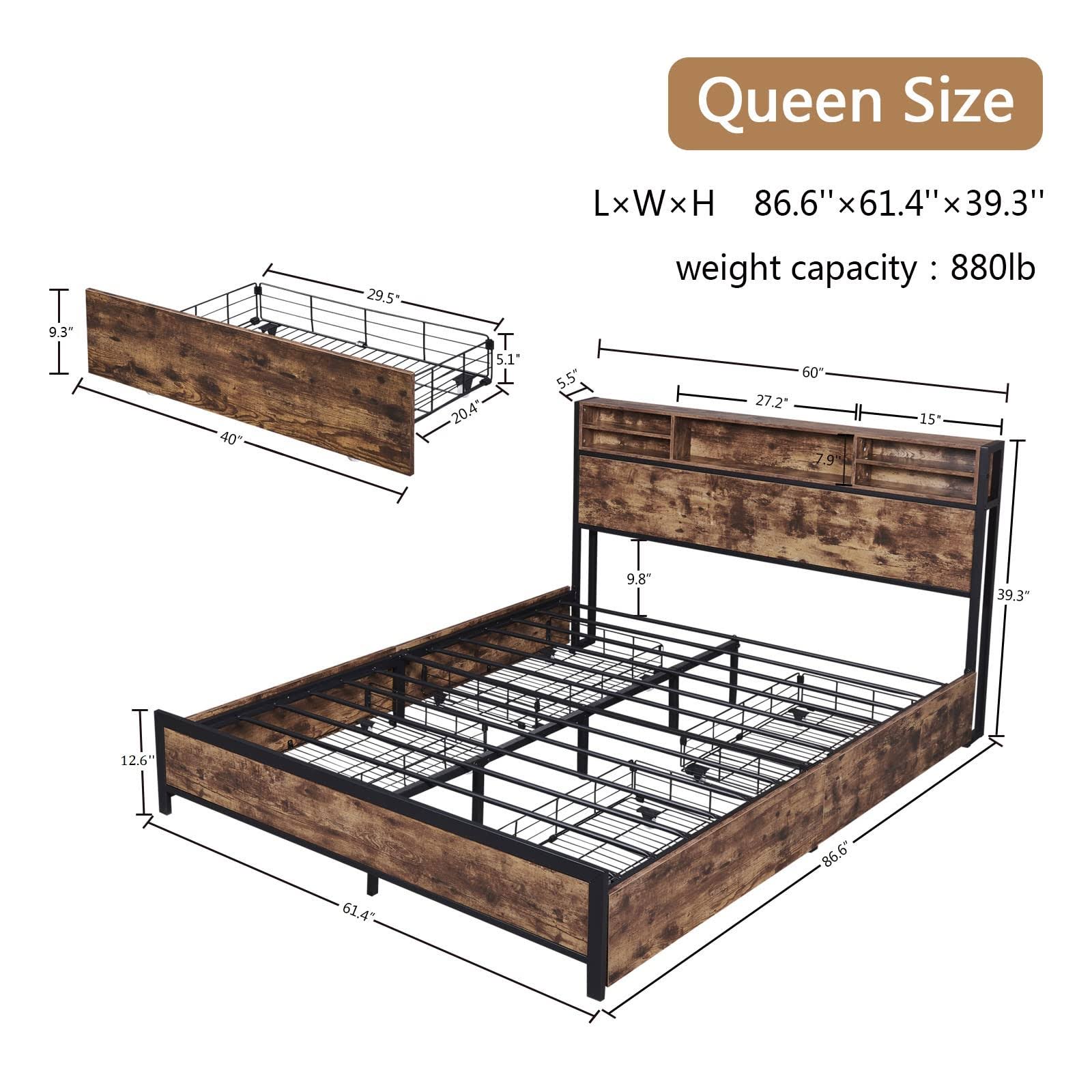 Queen Bed Frame With Bookcase Headboard And 4 Storage Drawers,Metal Platform ZOEUC5R2_MD08L