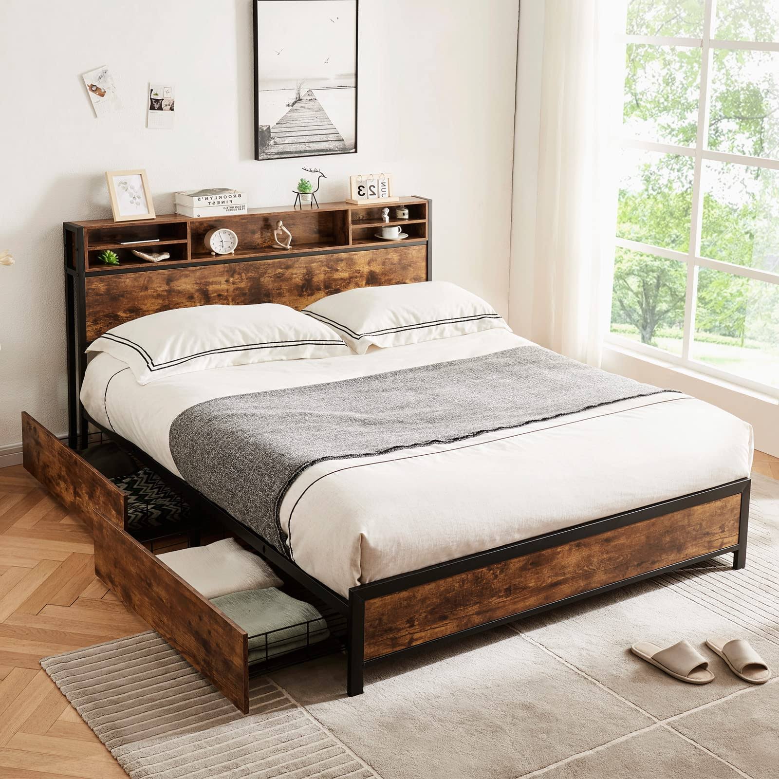 Queen Bed Frame With Bookcase Headboard And 4 Storage Drawers,Metal Platform ZOEUC5R2_MD08L