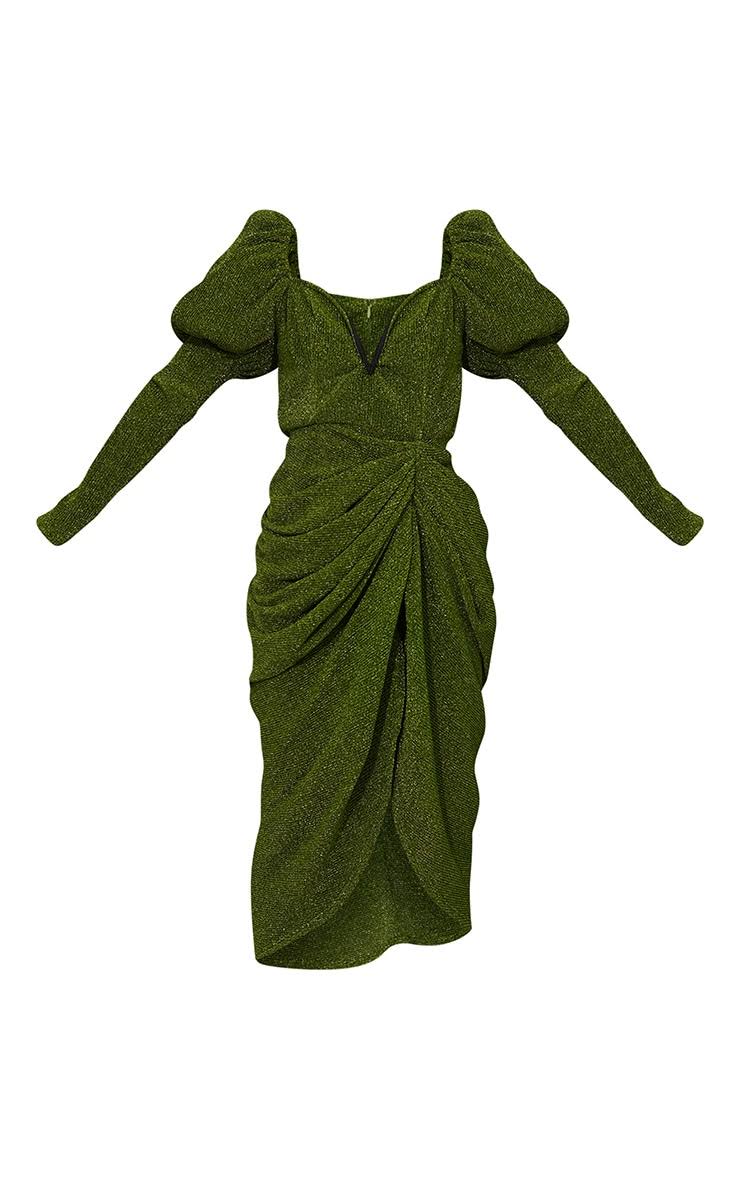 Prettylittlething Women's Green Glitter Plisse Puff Sleeve V Bar Draped Midi Dress - Size NCXDPVW8_QK5CK