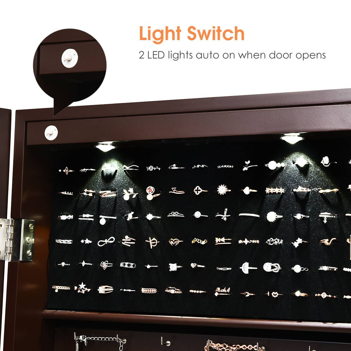Costway Wall Mount Mirrored Jewelry Cabinet Organizer Led Lights KMKYOCEL_GDENE
