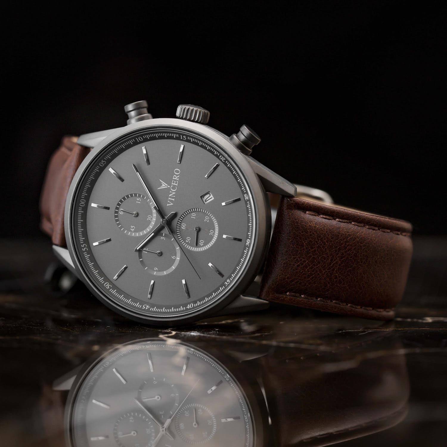 Vincero Gra-Bro-S21 The Chrono S Grey & Brown Leather Men's 62BBQF1B_ERVZZ