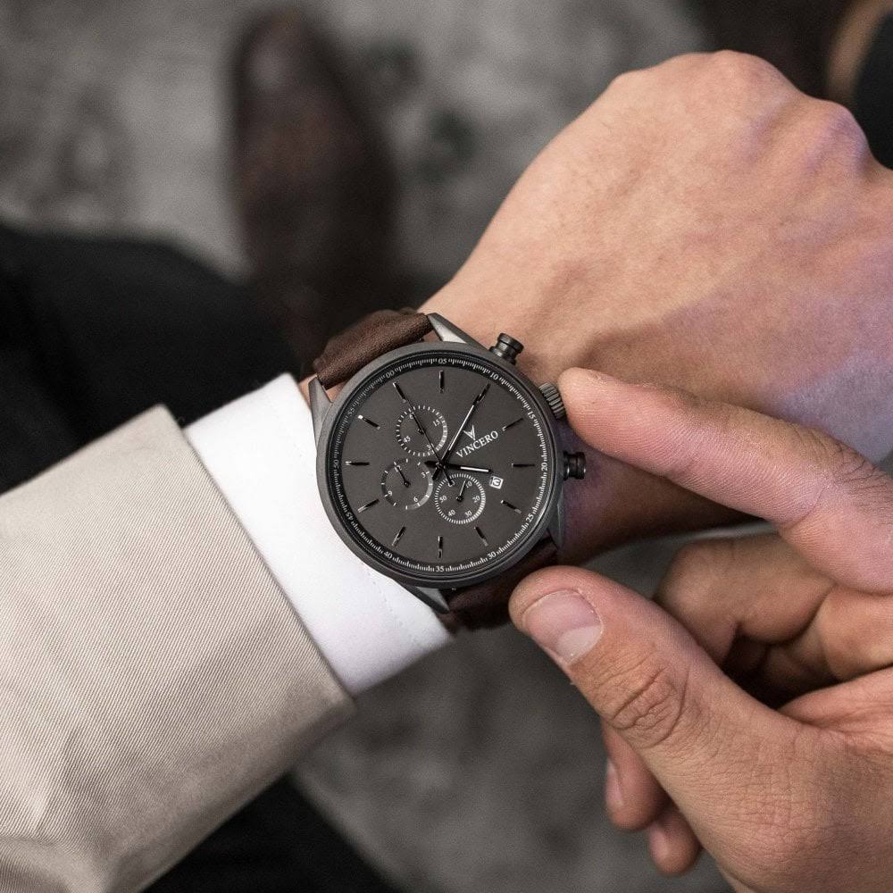 Vincero Gra-Bro-S21 The Chrono S Grey & Brown Leather Men's 62BBQF1B_ERVZZ