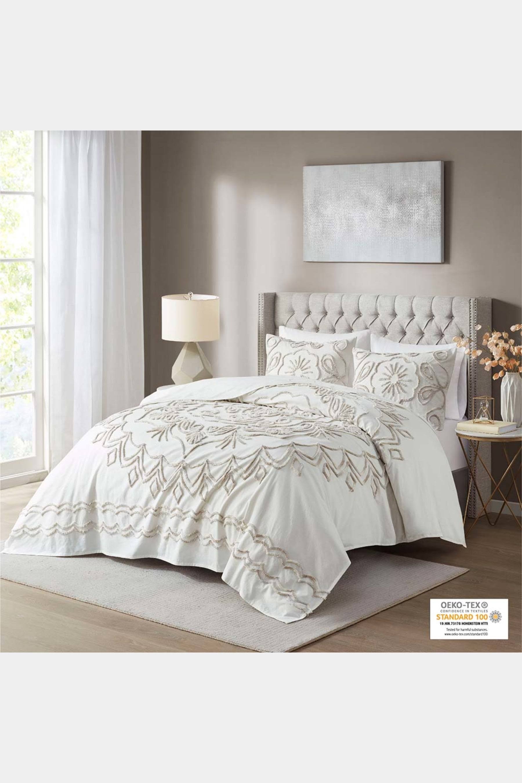 Madison Park - Violette 3 Piece Tufted Cotton Chenille Coverlet Set - Ivory/Taupe - King/Cal LYAI9FY1_Y47B1