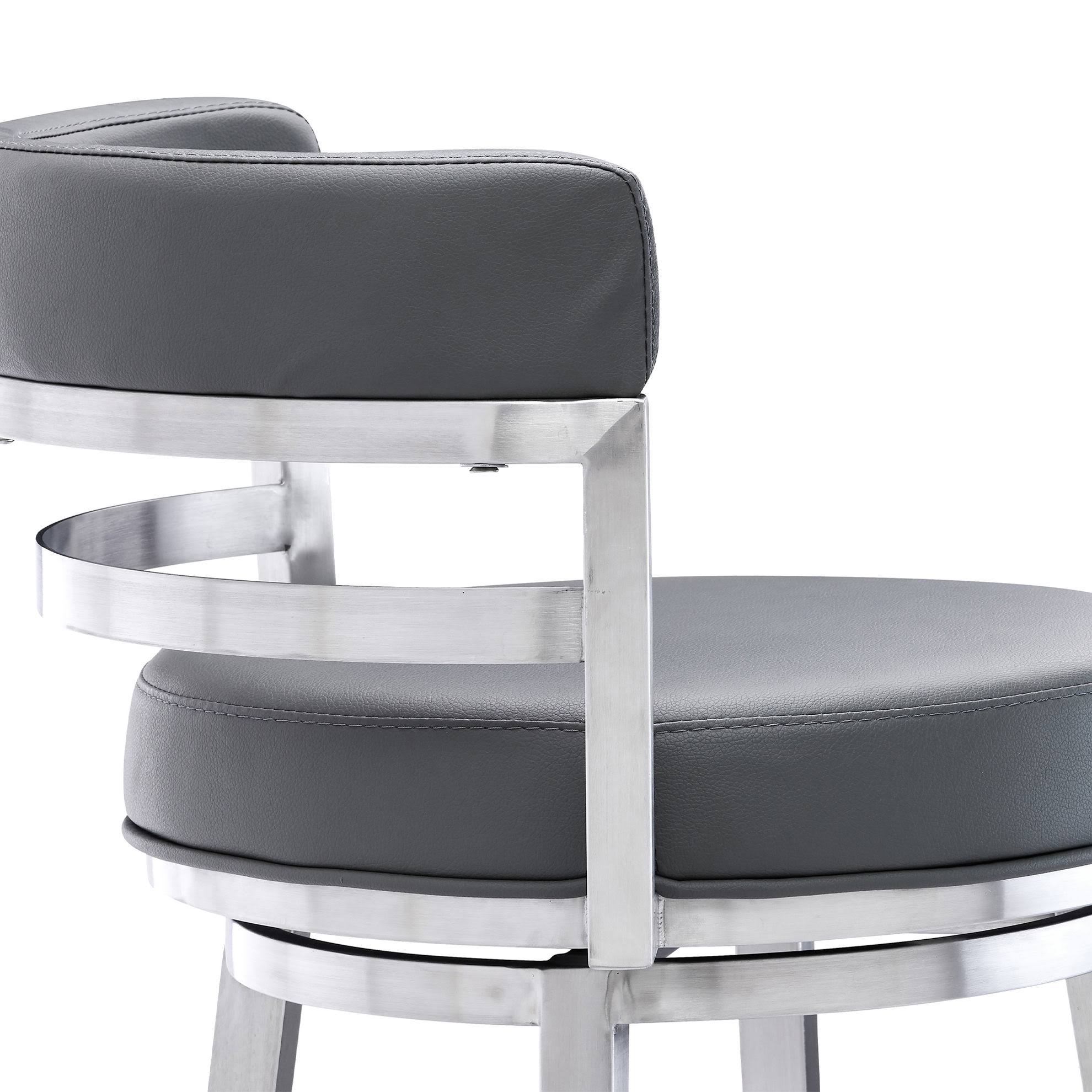 Armen Living Madrid Contemporary 26 Counter Height Barstool In Brushed Stainless Steel Finish And Grey Faux Leather, 7G4YLWWY_K9UCN