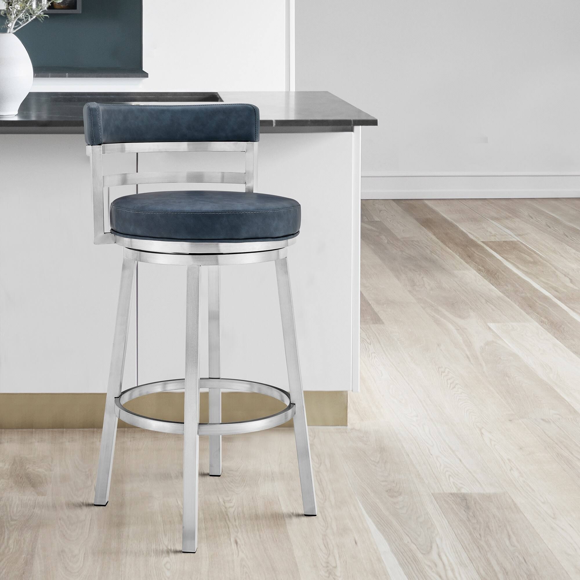 Armen Living Madrid Contemporary 26 Counter Height Barstool In Brushed Stainless Steel Finish And Grey Faux Leather, 7G4YLWWY_K9UCN