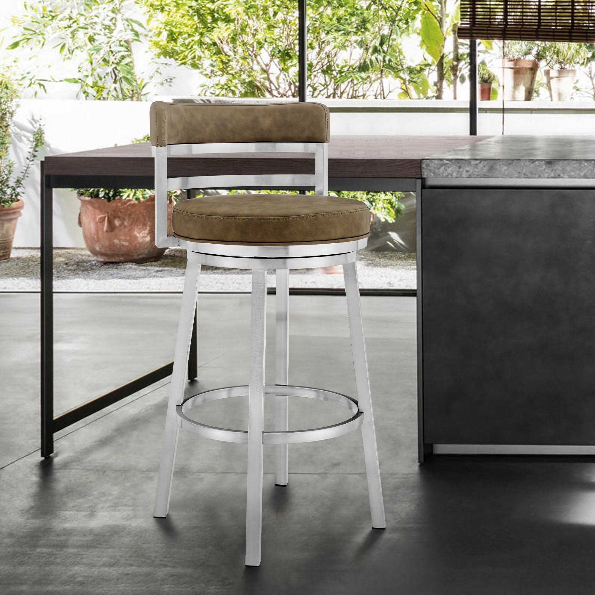 Armen Living Madrid Contemporary 26 Counter Height Barstool In Brushed Stainless Steel Finish And Grey Faux Leather, 7G4YLWWY_K9UCN