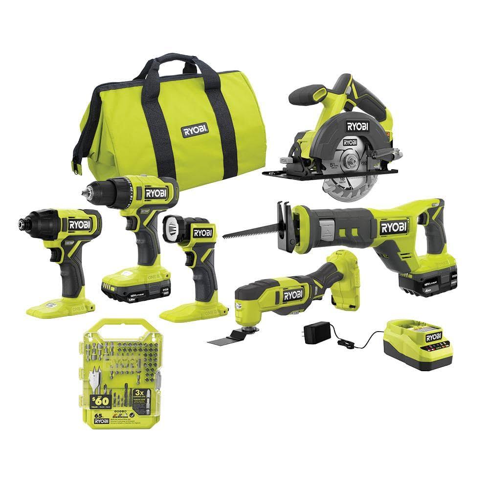 Ryobi Pcl1600k2-Stm201 One+ 18v Cordless 6-Tool Combo Kit With 1.5 Ah Battery, 4.0 Ah Battery, Charger, And Link Rolling Tool J2LTEV92_F9C73