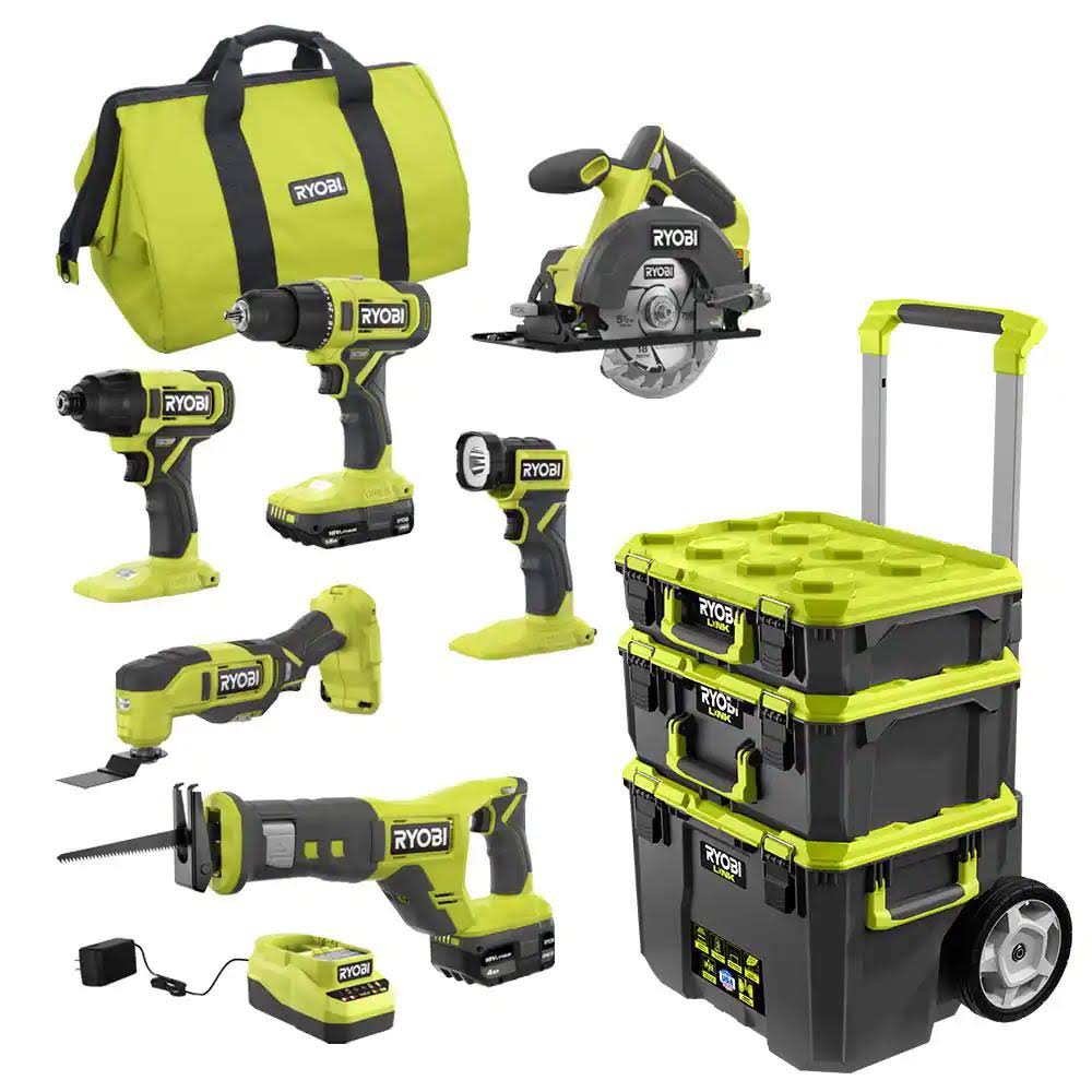 Ryobi Pcl1600k2-Stm201 One+ 18v Cordless 6-Tool Combo Kit With 1.5 Ah Battery, 4.0 Ah Battery, Charger, And Link Rolling Tool J2LTEV92_F9C73