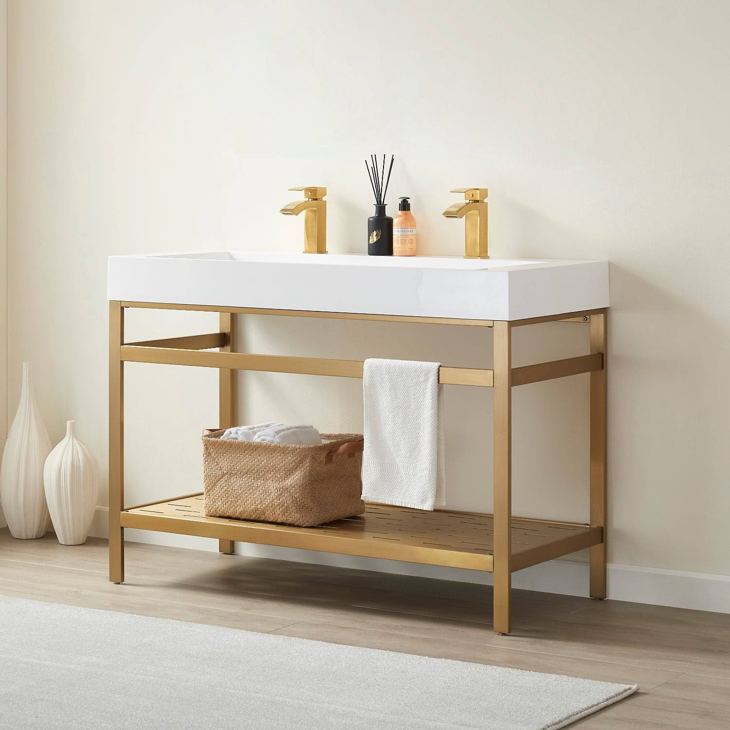 Vinnova Soria 48 Bathroom Vanity Brushed Gold Metal Support Stone Sink Top No UX0H7ISV_RZTES