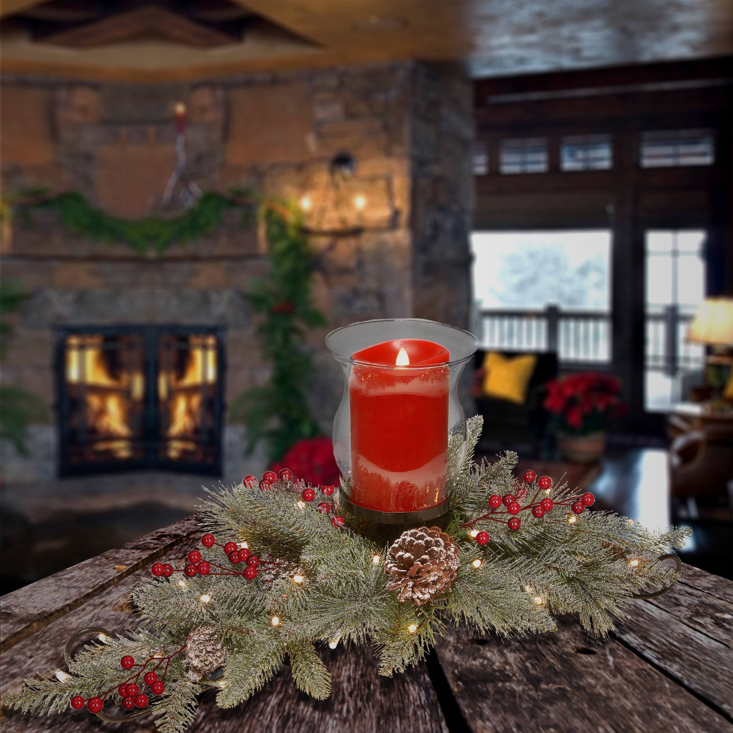 National Tree Company 30 Snowy Bristle Berry Candle Holder Centerpiece With Battery Operated Led NQ3PCDXB_WSI8S