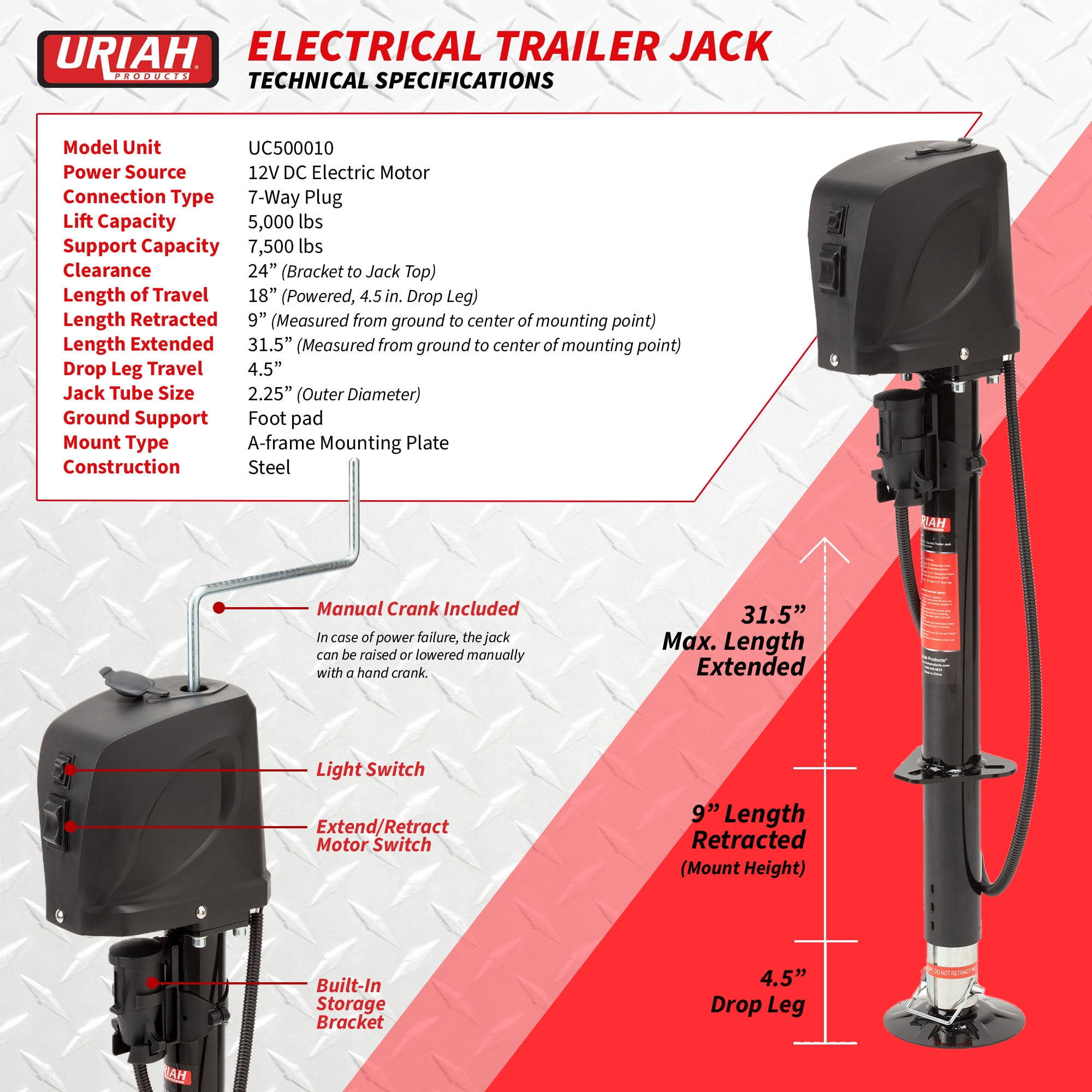 Uriah Products Uc500010 Electric 12v 7 Way Connector 5000 Lb Lift Capacity Trailer X2ICBUCC_C9IHW