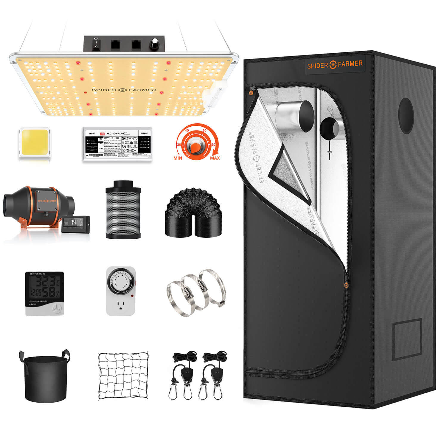 Spider Farmer Sf1000 Led Grow Light + 2' X 2' Grow Tent + Inline Fan Combo With Temperature And Humidity MDDBMPV6_SUPFN