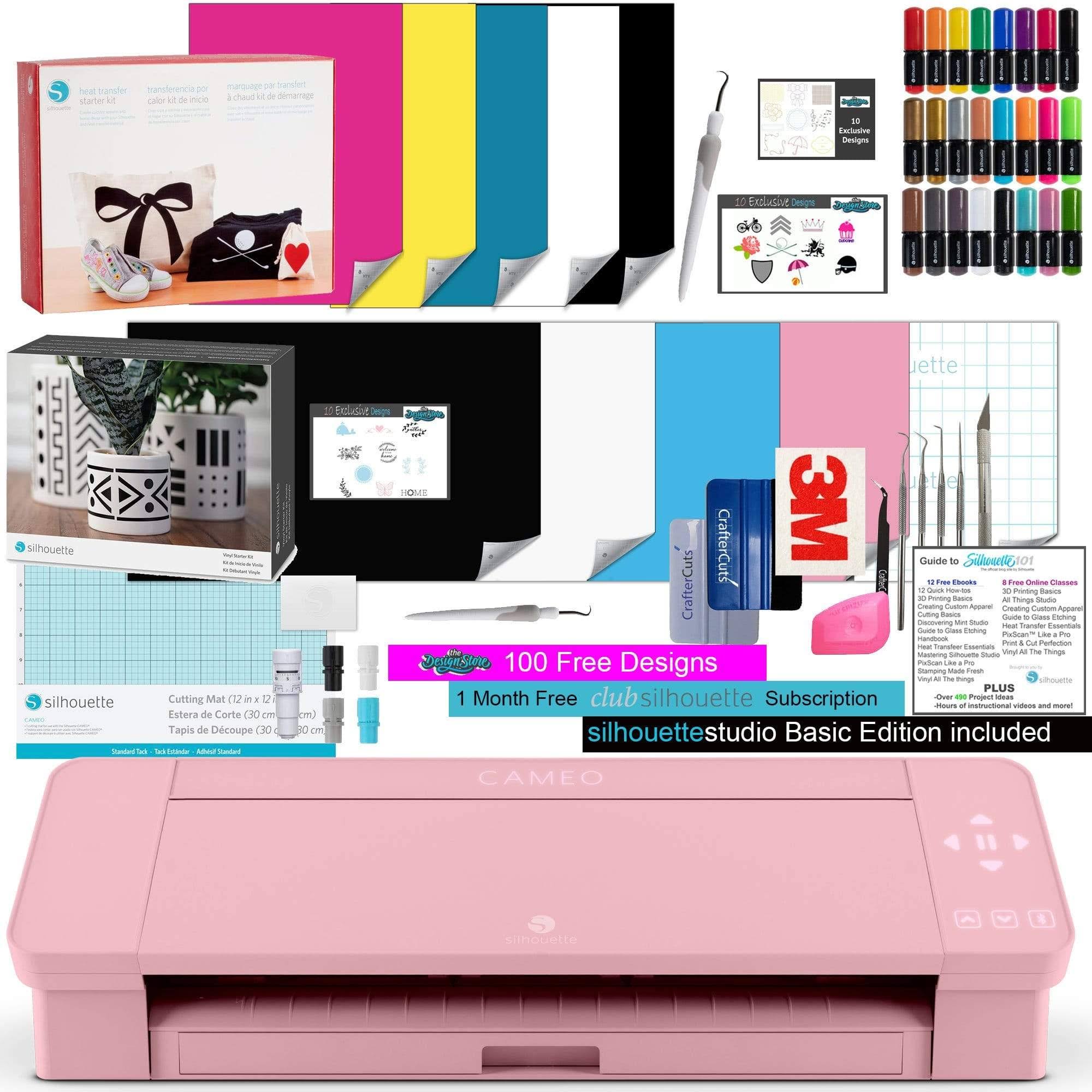 Silhouette Cameo 4 Pink Bundle With Vinyl Starter Kit, Heat Transfer Starter Kit, 2 Autoblade 2, Craftercuts Vinyl Tool Kit, 120 Exclusive Designs, Y5HWA1P7_AT4QB