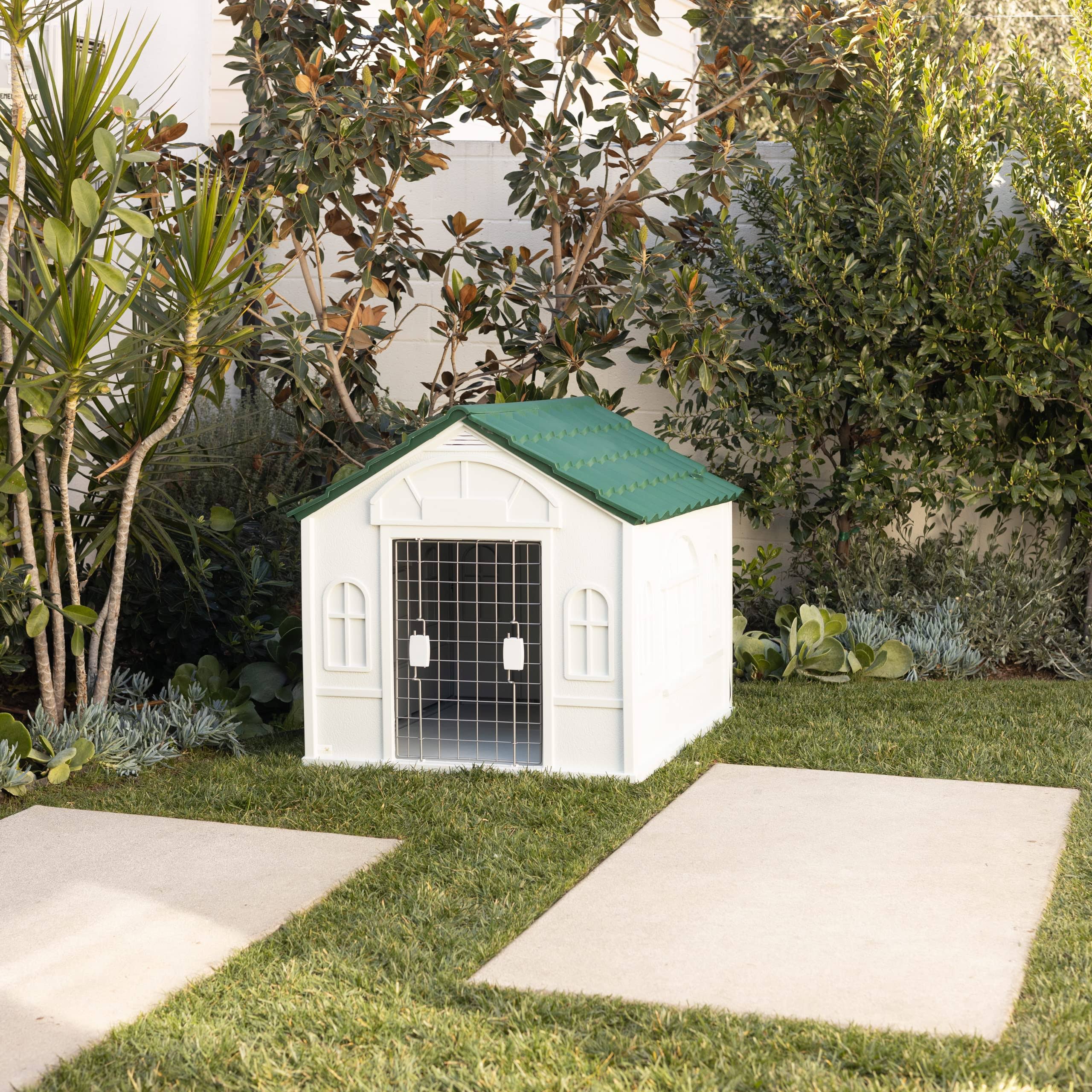 Pugebo Luxury Dog House With Steel Door - Indooroutdoor Pet Kennel Shelter - Elegant Contemporary Cage Design Made From Weather NALRCU7Z_UBETH