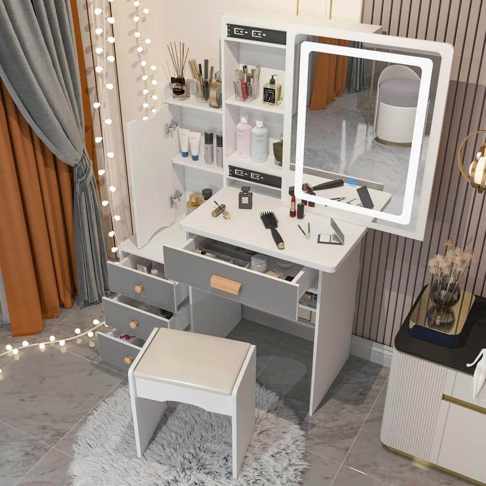Fufu&Gaga 4-Drawers White Wood Makeup Vanity Sets Dressing Table Sets With Stool, Mirror, Led Light, Door And Storage HN7AEDGL_51TSV