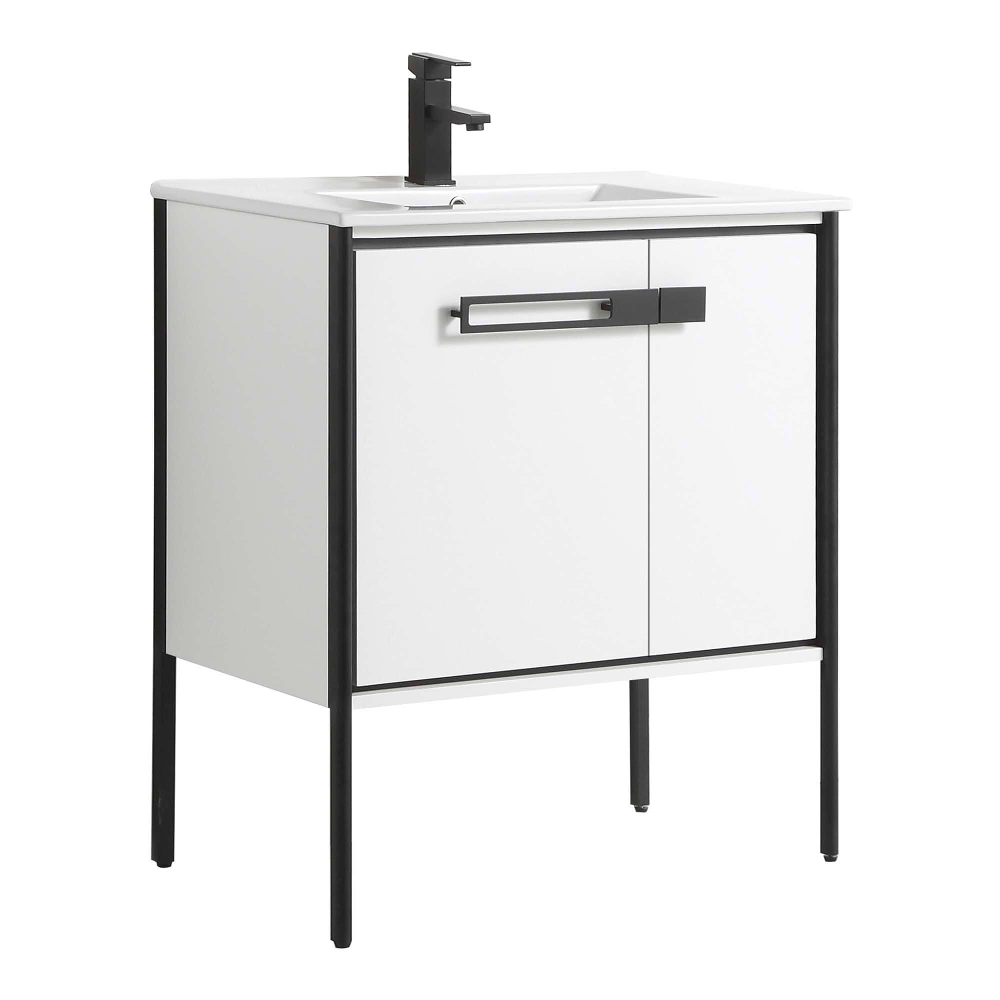 Fine Fixtures Oakville Bathroom Vanity With White Ceramic Sink - 24 Inch - Mild Grey Oak - Satin Brass SASOB1KA_29QOR