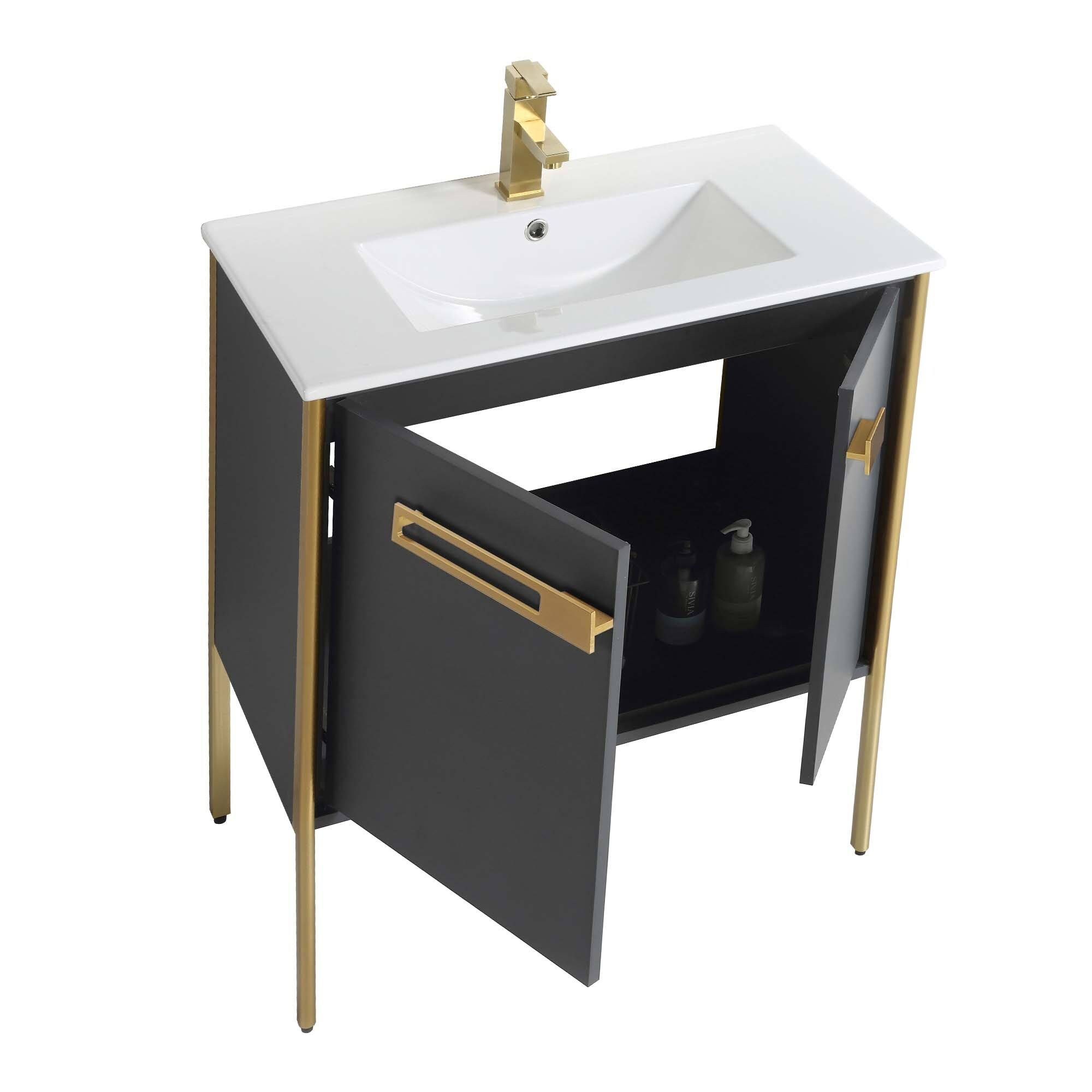 Fine Fixtures Oakville Bathroom Vanity With White Ceramic Sink - 24 Inch - Mild Grey Oak - Satin Brass SASOB1KA_29QOR