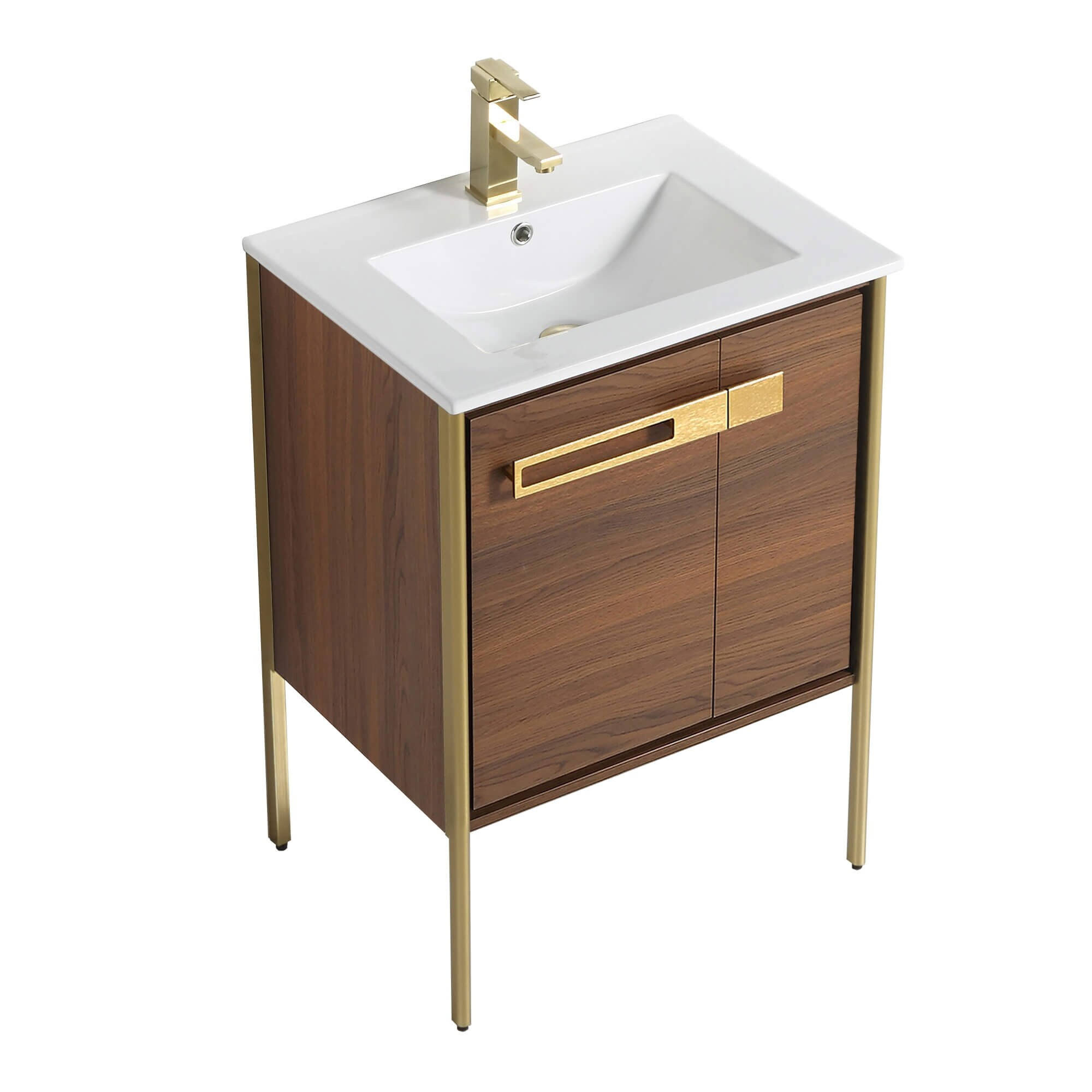 Fine Fixtures Oakville Bathroom Vanity With White Ceramic Sink - 24 Inch - Mild Grey Oak - Satin Brass SASOB1KA_29QOR