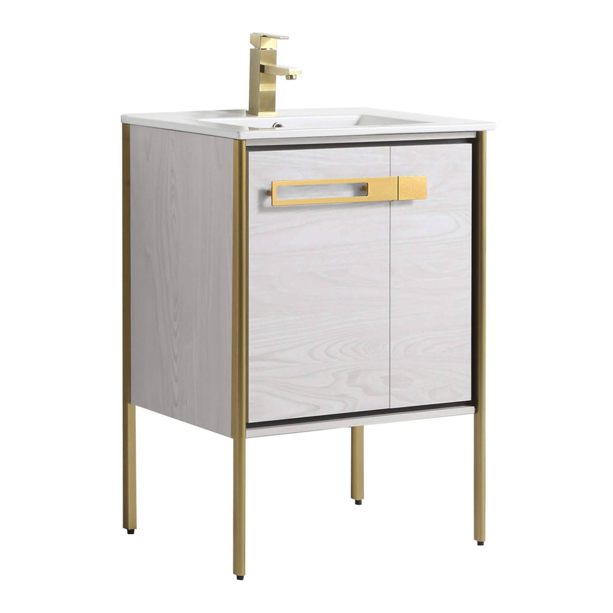 Fine Fixtures Oakville Bathroom Vanity With White Ceramic Sink - 24 Inch - Mild Grey Oak - Satin Brass SASOB1KA_29QOR