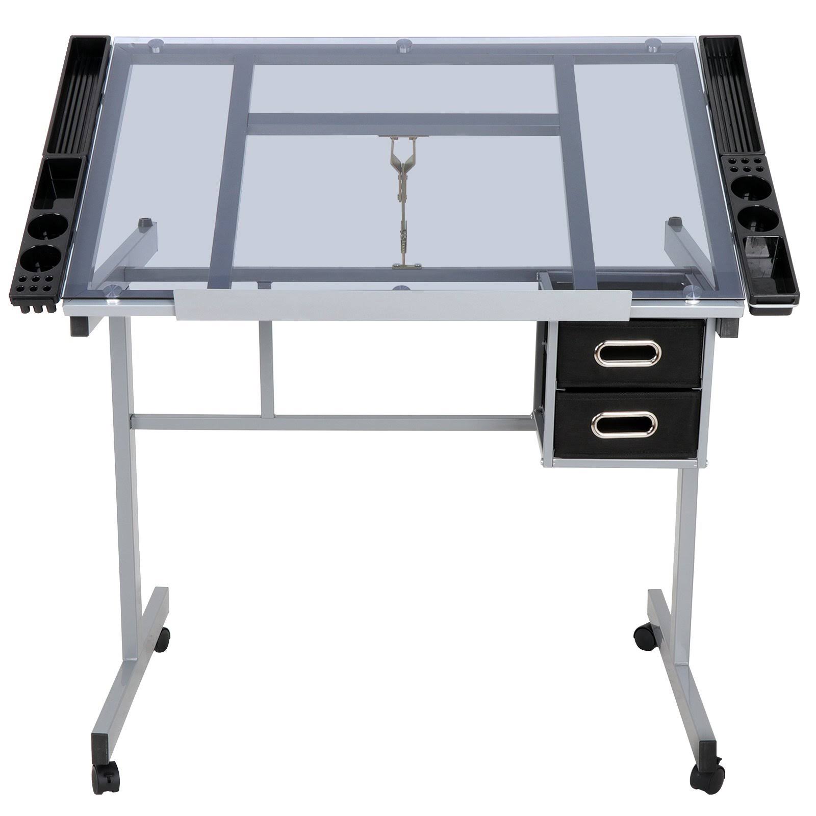 Jupiterforce Adjustable Drafting Table Drawing Desk Height Art Craft Work Station Folding Glass Tabletop Storage Drawer NXWKFLUJ_QRDPK