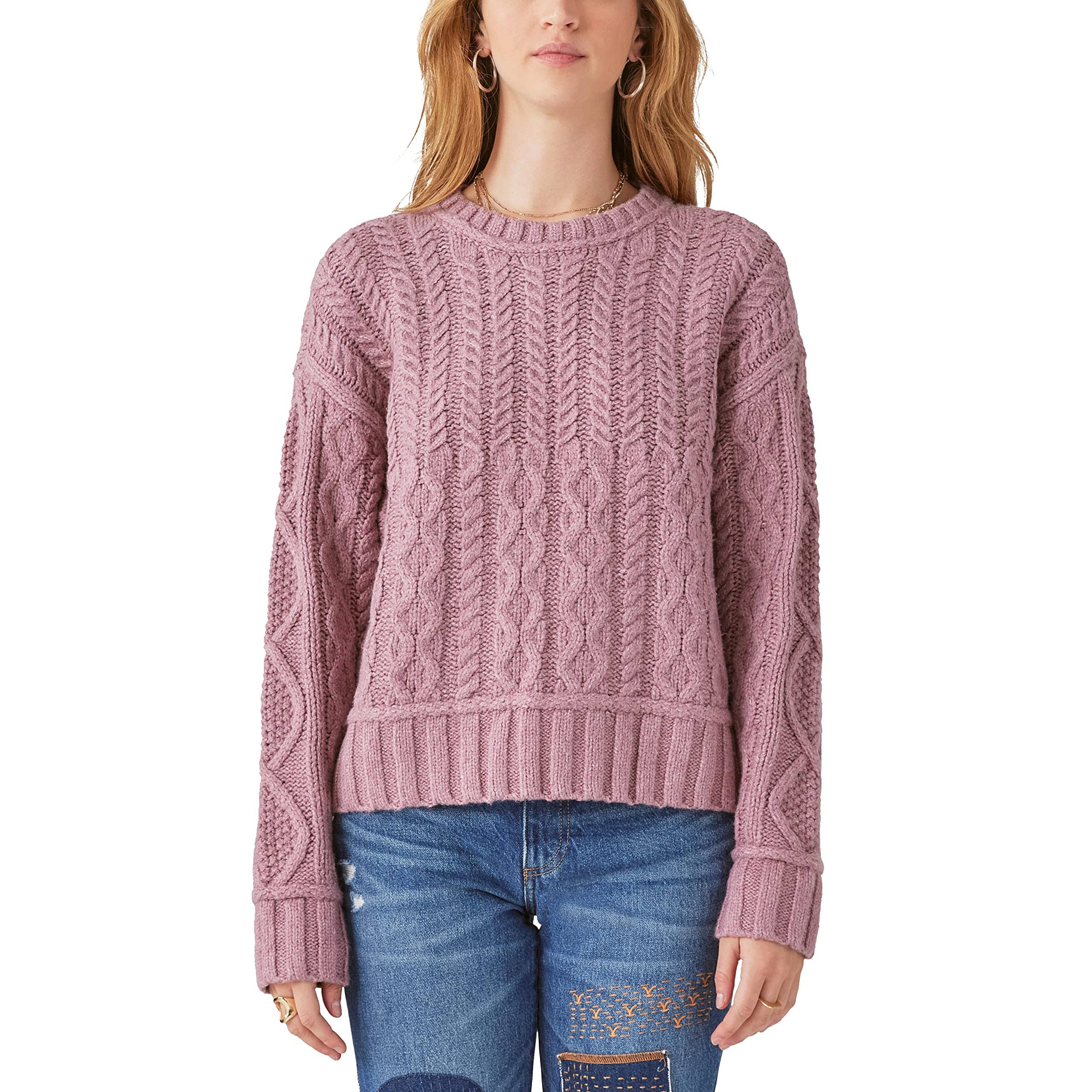 Lucky Brand Women's Cable-Knit Long-Sleeve Crewneck Sweater - Nostalgia Rose - Size STX7WL43_HO6ZP