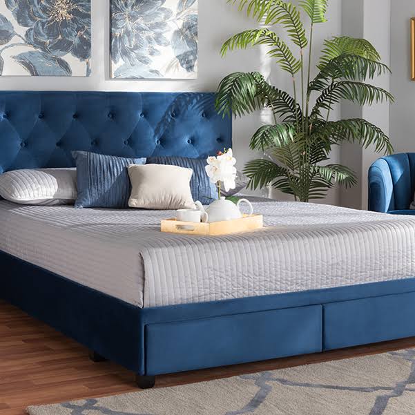 Baxton Studio Caronia Modern And Contemporary Navy Blue Velvet Fabric Upholstered 2-Drawer King Size Platform Storage KQD1A0L9_QH9PA