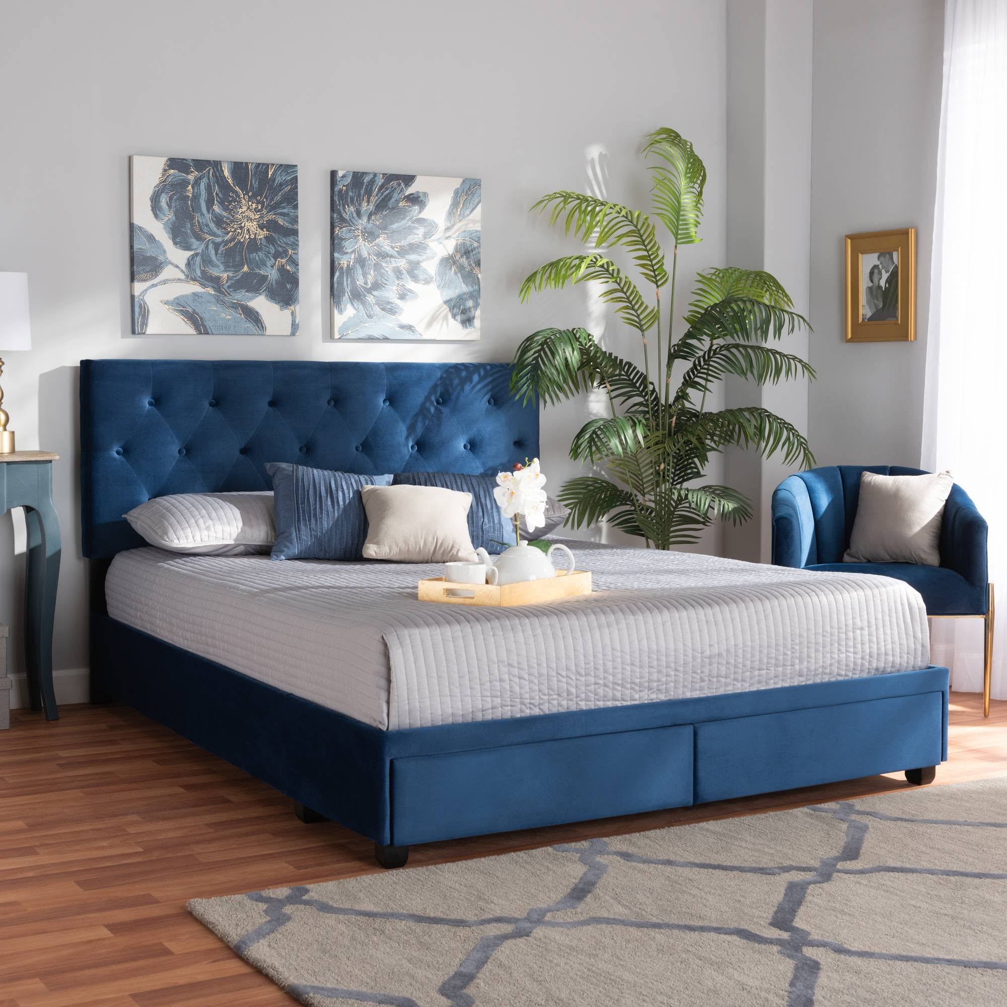 Baxton Studio Caronia Modern And Contemporary Navy Blue Velvet Fabric Upholstered 2-Drawer King Size Platform Storage KQD1A0L9_QH9PA