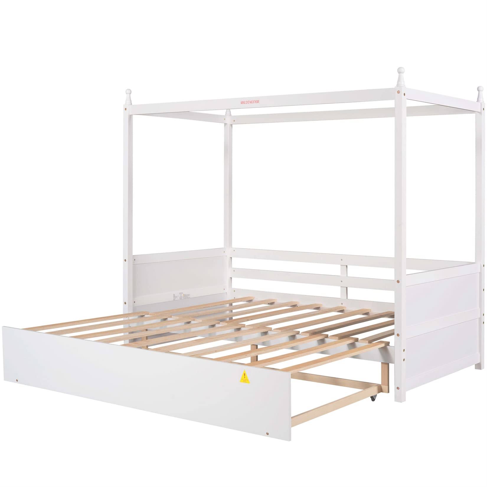 Bellemave White Canopy Beds Wood Twin Platform Bed With Pull-Out SYSANFDZ_LJ8RI