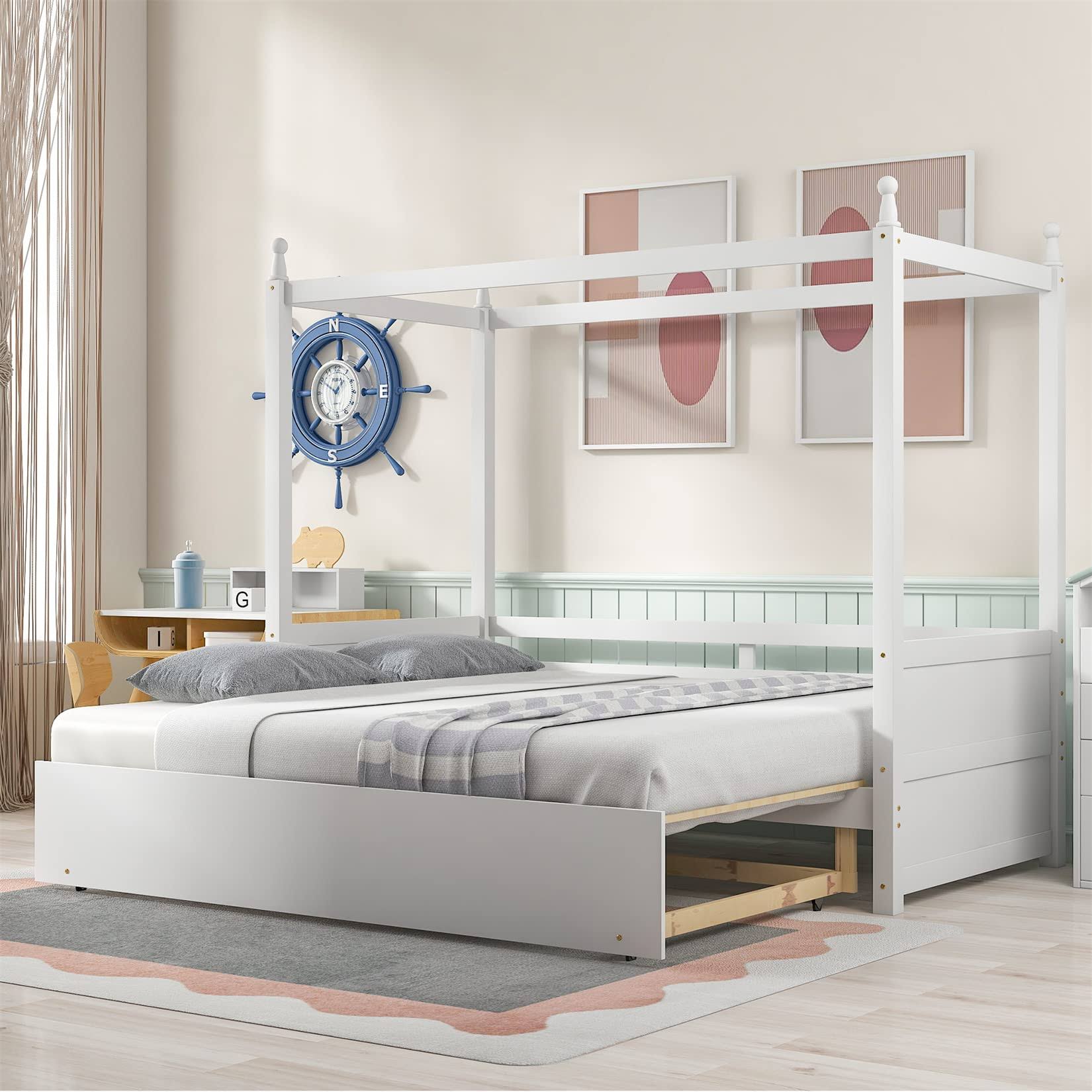 Bellemave White Canopy Beds Wood Twin Platform Bed With Pull-Out SYSANFDZ_LJ8RI