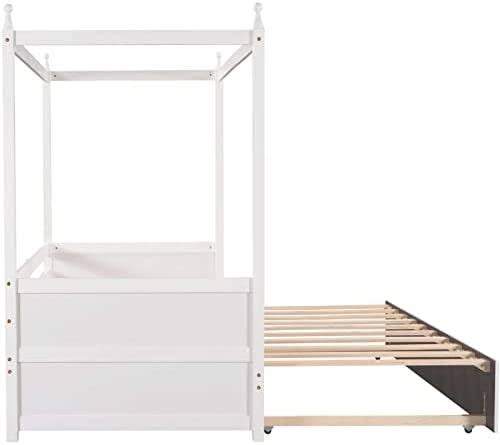 Bellemave White Canopy Beds Wood Twin Platform Bed With Pull-Out SYSANFDZ_LJ8RI