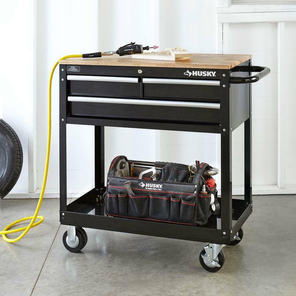 Husky 36 In 3-Drawer Rolling Tool Cart With Wood Top JUTP2VE8_FLD4Y