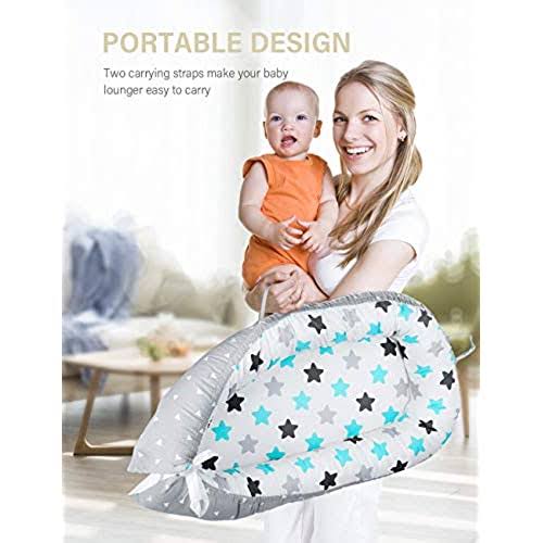 Yoocaa Baby Lounger - Soft 100% Cotton & Fiberfill Breathable Newborn Lounger, Infant Portable Baby Bed For Traveling (Blue Star) CX9XRLUL_AINKL