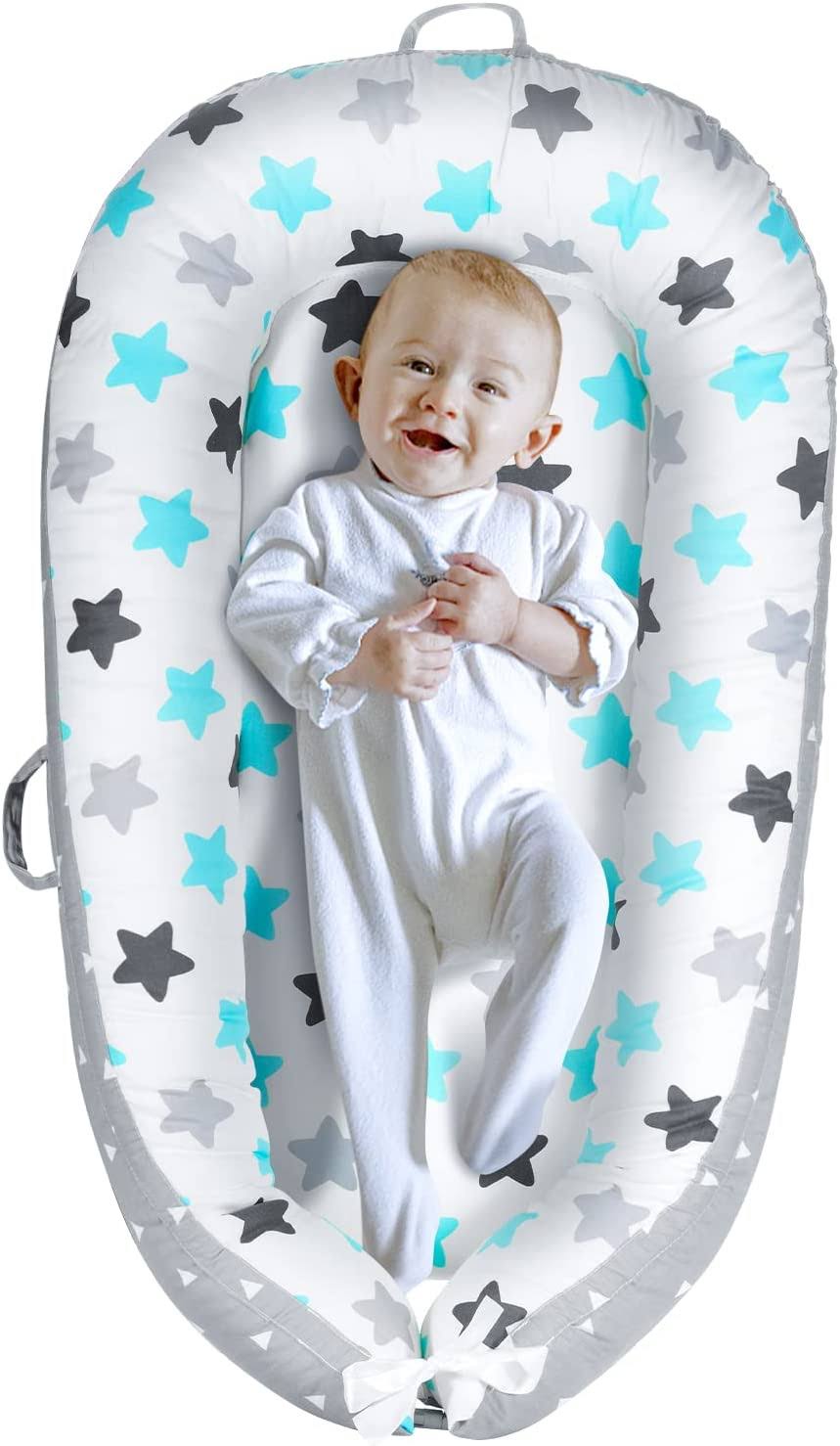Yoocaa Baby Lounger - Soft 100% Cotton & Fiberfill Breathable Newborn Lounger, Infant Portable Baby Bed For Traveling (Blue Star) CX9XRLUL_AINKL