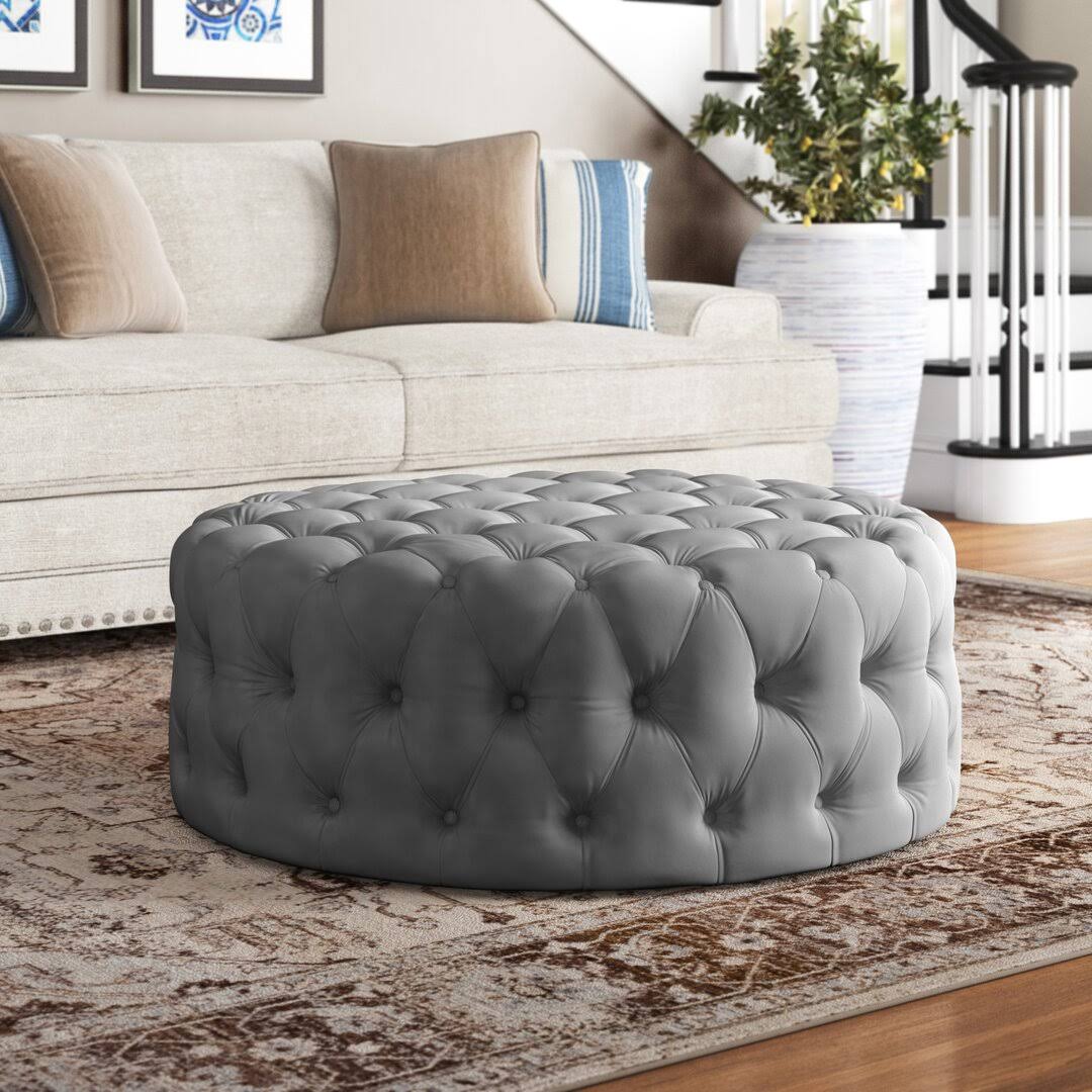 Three Posts Huskins 41.73 Tufted Round Cocktail Ottoman Fabric Beige REYT5TMI_PU6WZ