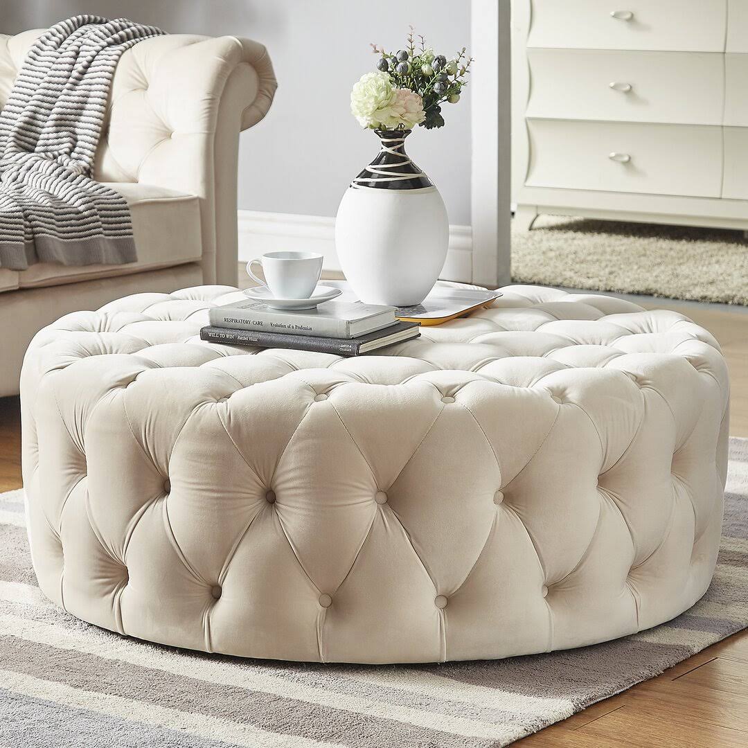 Three Posts Huskins 41.73 Tufted Round Cocktail Ottoman Fabric Beige REYT5TMI_PU6WZ