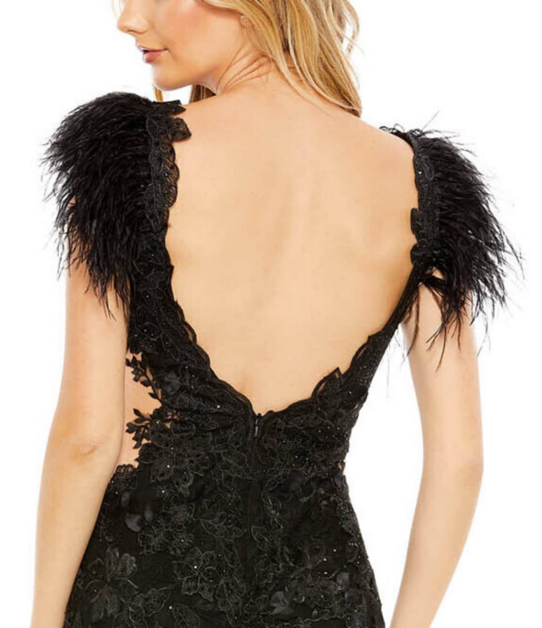 Mac Duggal Feather Cap Sleeve Lace Gown In Black, Size CKDRUDRC_R6MAD
