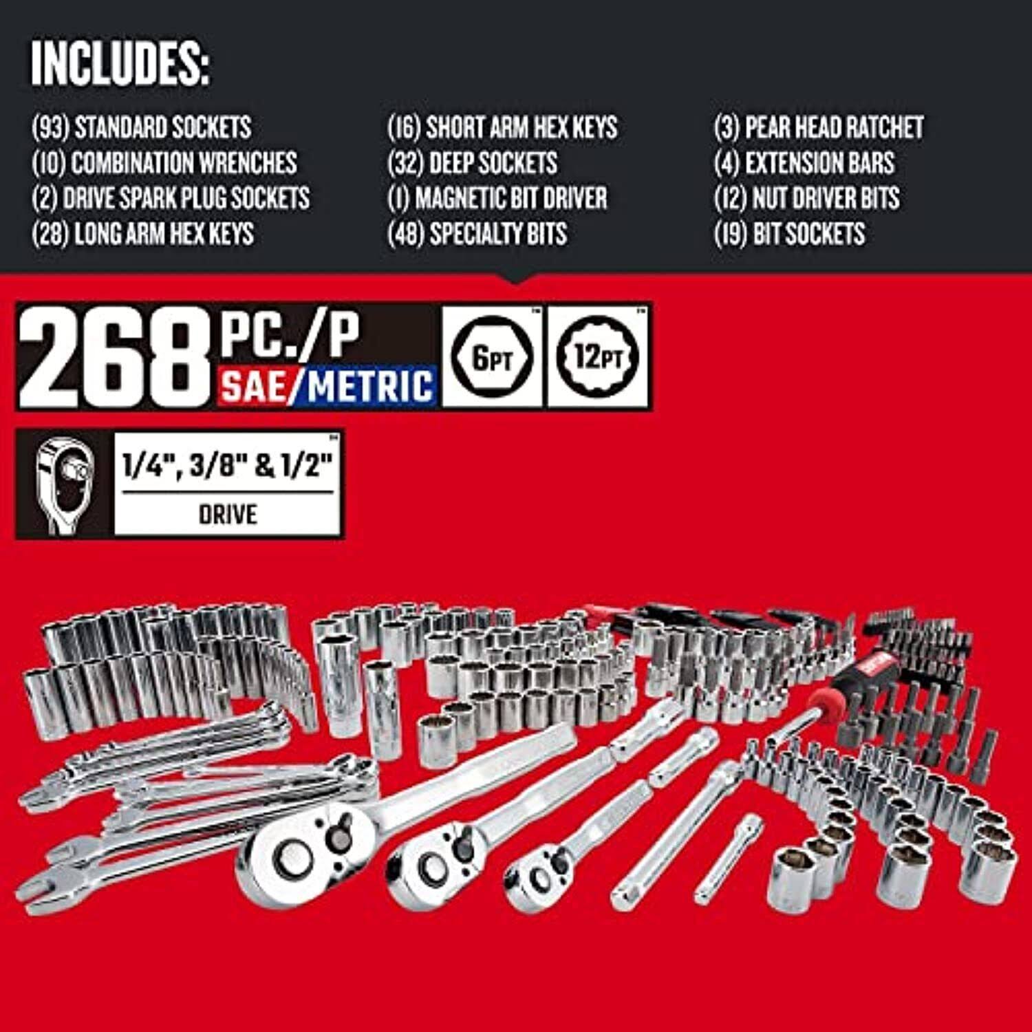 Craftsman 1/4 3/8 And 1/2 In. Drive Metric And Sae 12 Point Mechanic's Tool Set 268 Pc. PK04VP9W_A6IPQ