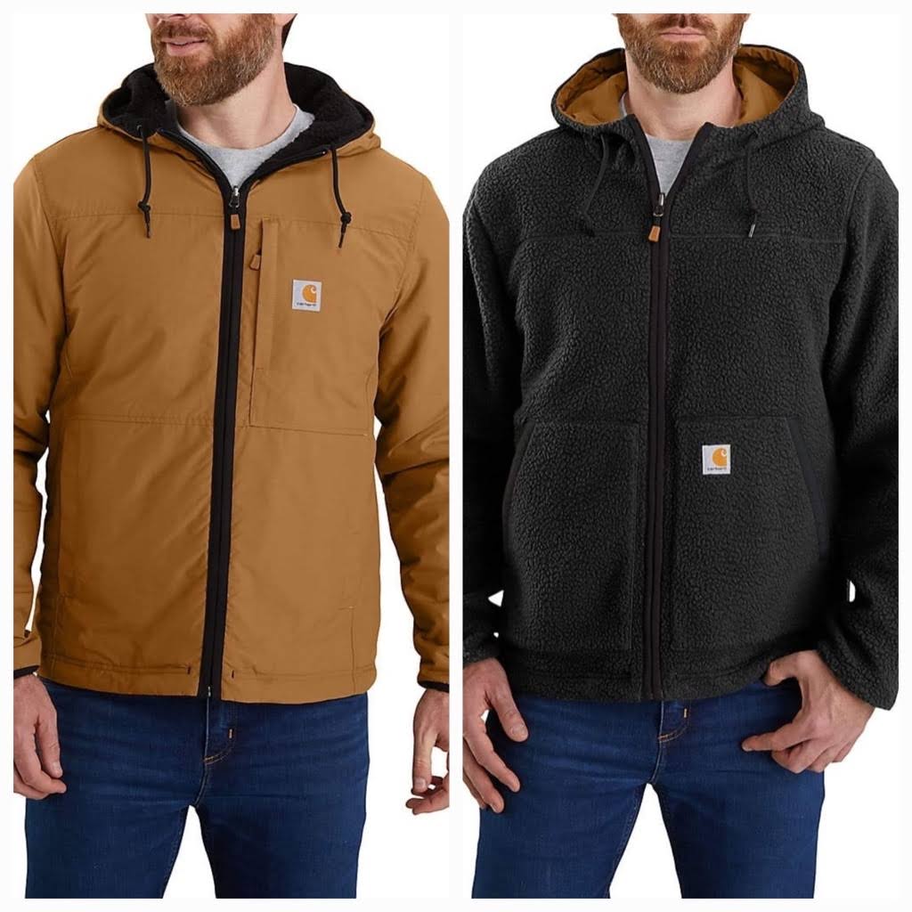 Carhartt Men's Rain Defender Relaxed Fit Reversible Fleece Jacket, Black/Carhartt Brown, 96CRQHSF_PV4VH