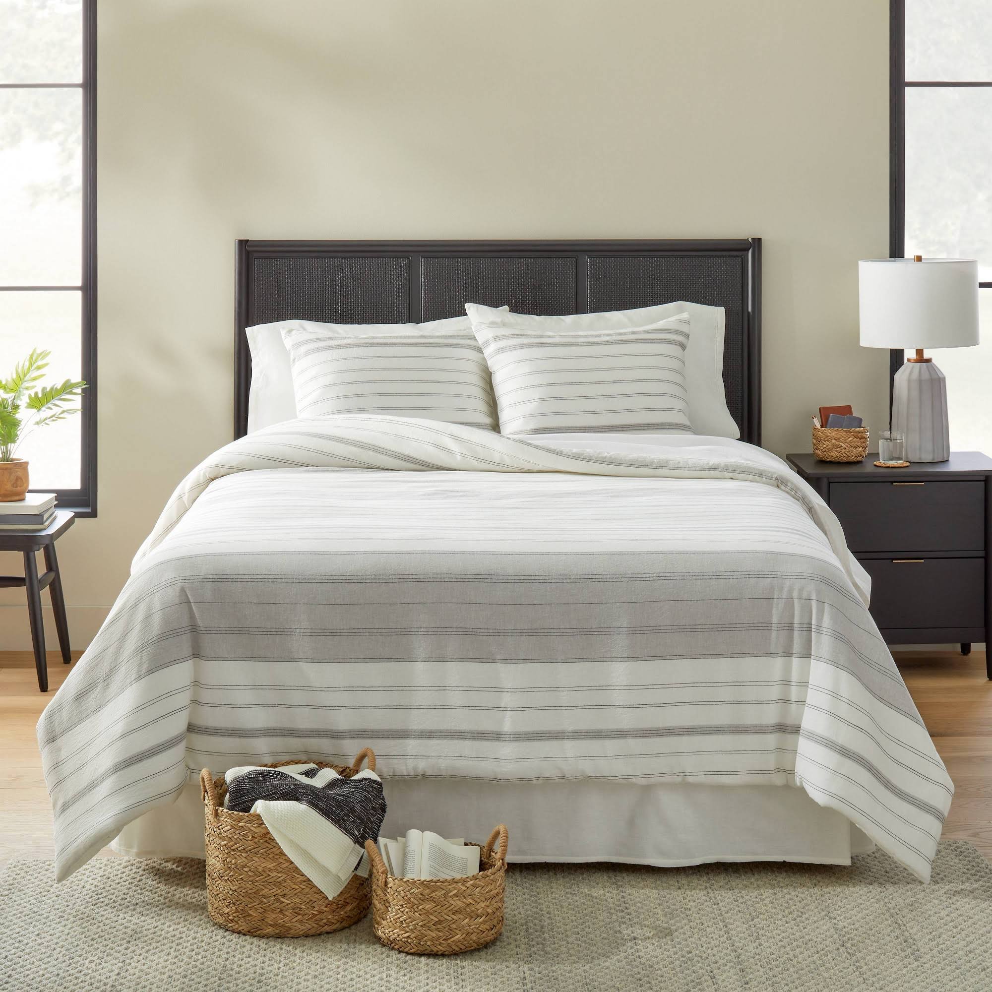 3pc Full/Queen Alternating Pinstripe Comforter & Sham Set Gray/Cream - Hearth & Hand With 4BUJNX8Y_Y0CNS