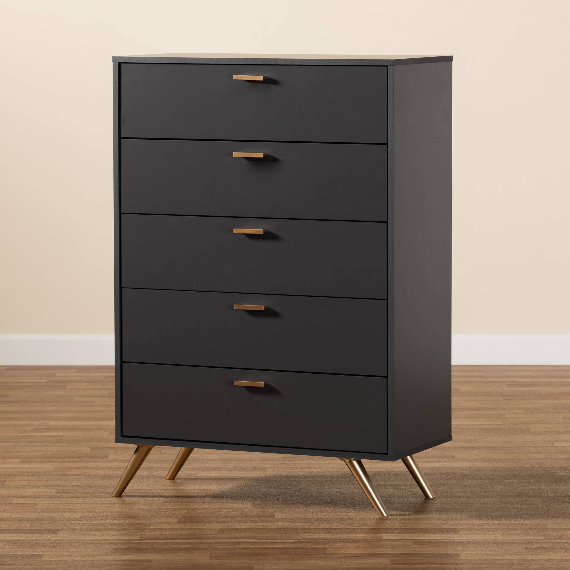Baxton Studio Kelson Modern And Contemporary Dark Grey And Gold Finished Wood 5-Drawer PYTHQOVB_RRDVL