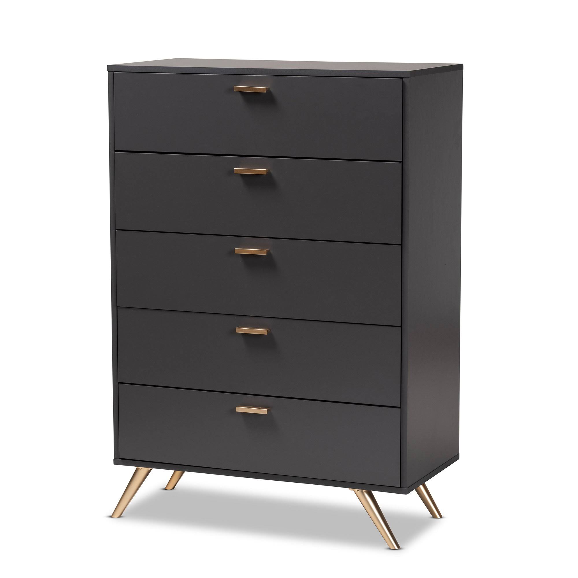 Baxton Studio Kelson Modern And Contemporary Dark Grey And Gold Finished Wood 5-Drawer PYTHQOVB_RRDVL
